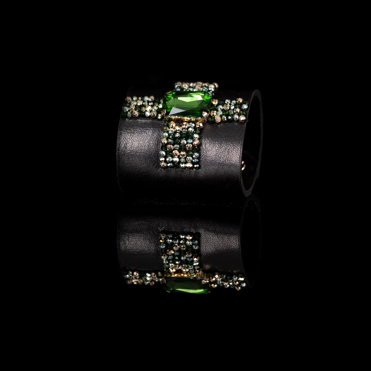 Crystal Ribbon Leather Cuff Bracelet Black & Emerald Spark