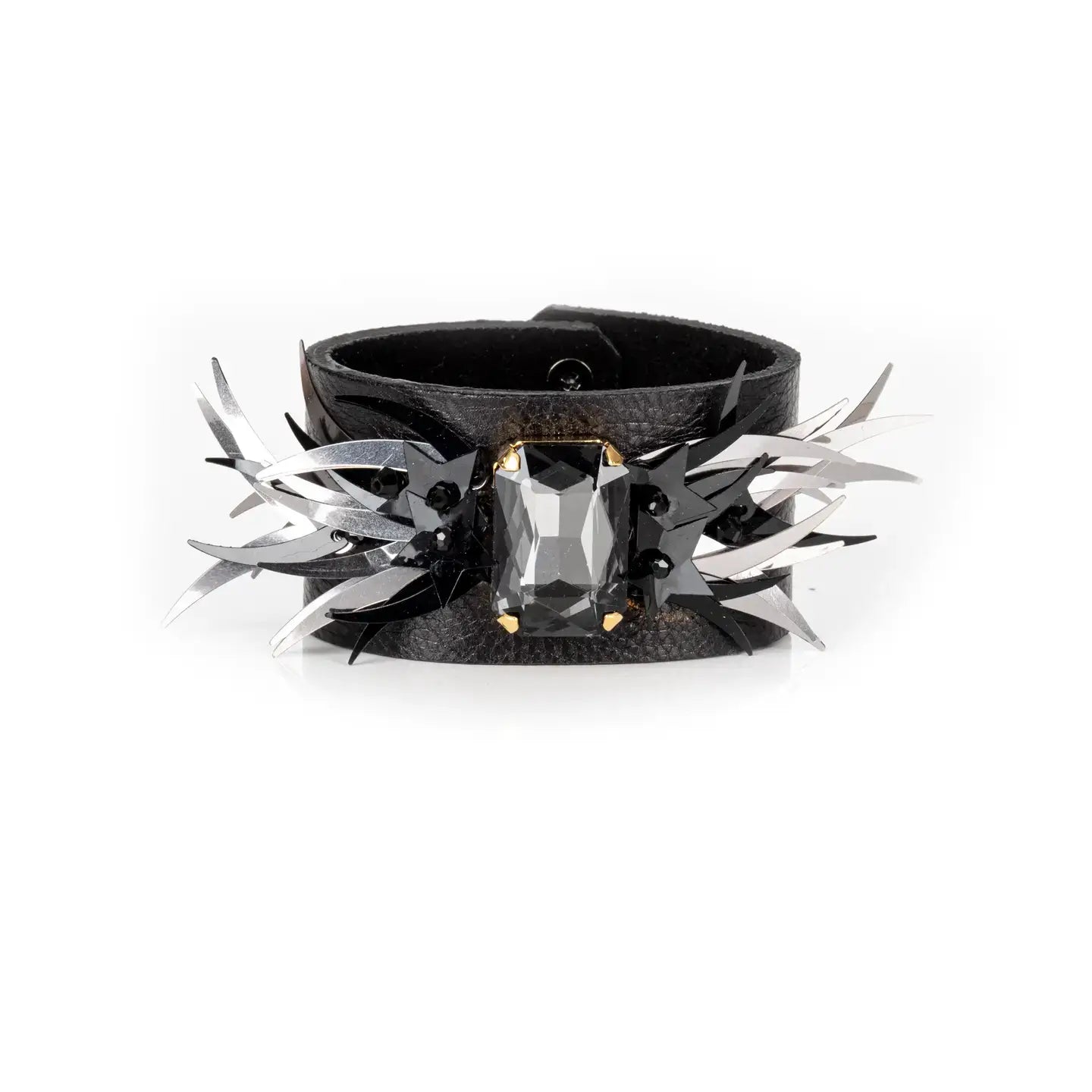 Black Leather Cuff with Faceted Crystal and Sculptural Metal