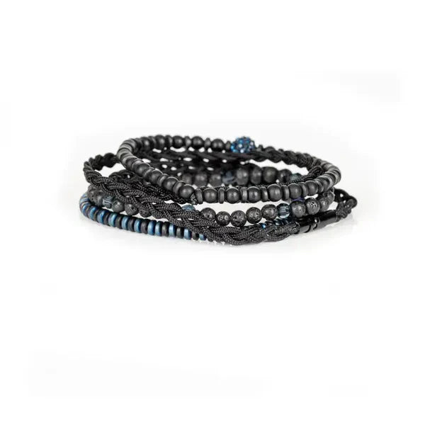 Black & Blue Multi Layer Bracelet with Crystal Accent Lava Stone Rope & Hematite Stack