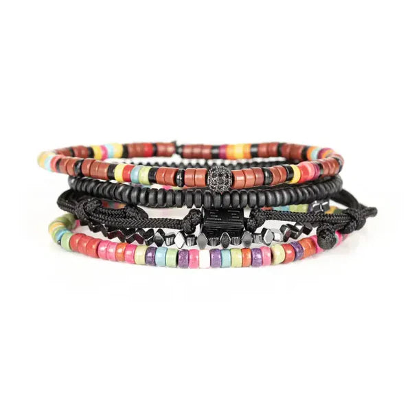 Multicolor Multi Layer Bracelet Set Hematite Rope & Geometric Beaded Stack