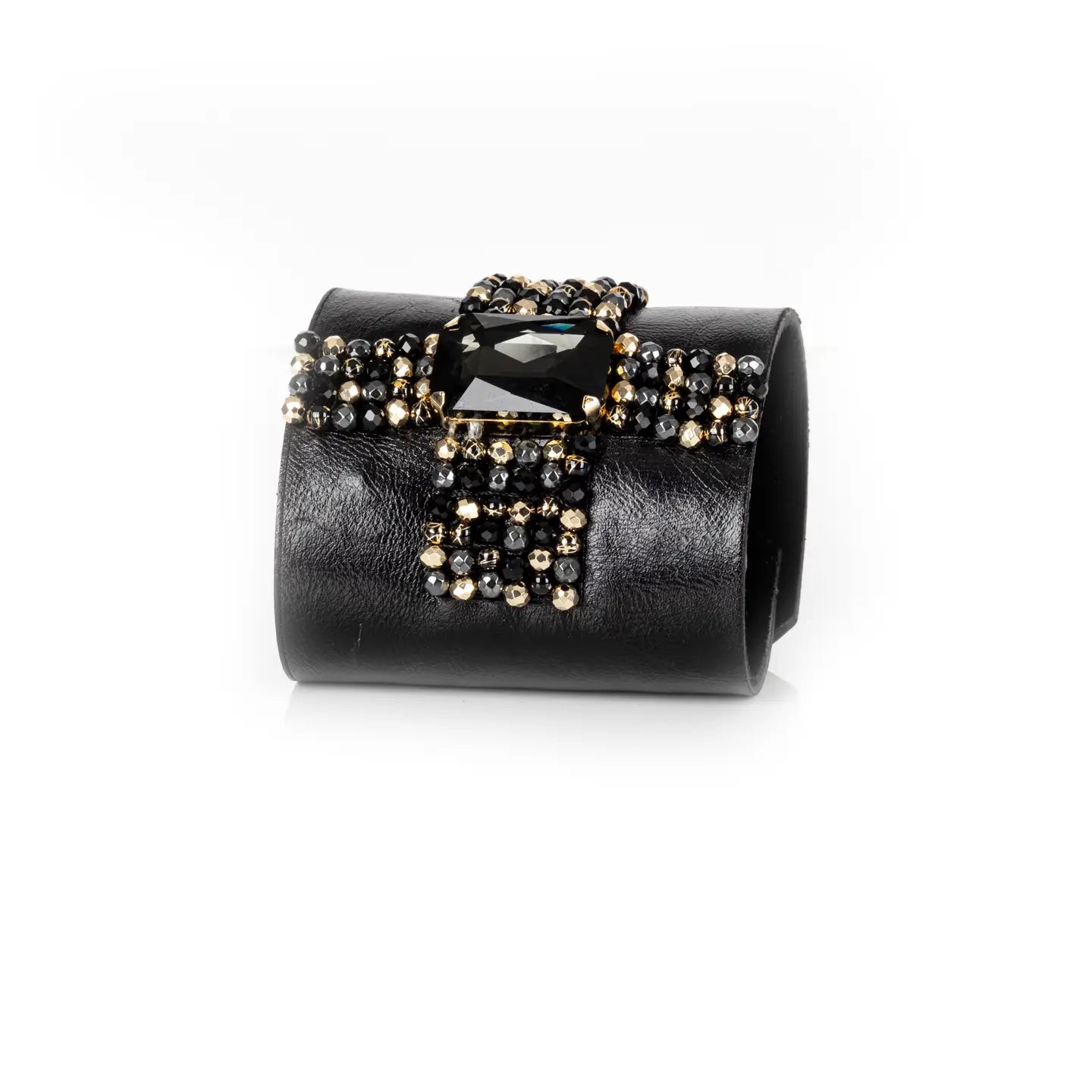 Crystal Ribbon Leather Cuff Bracelet Black & Smoky Obsidian