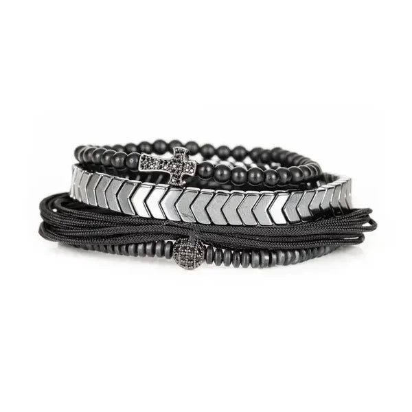 Black & Silver Cross Men’s Bracelet Set Chevron Bar Matte Beads & Rope Wrap Stack