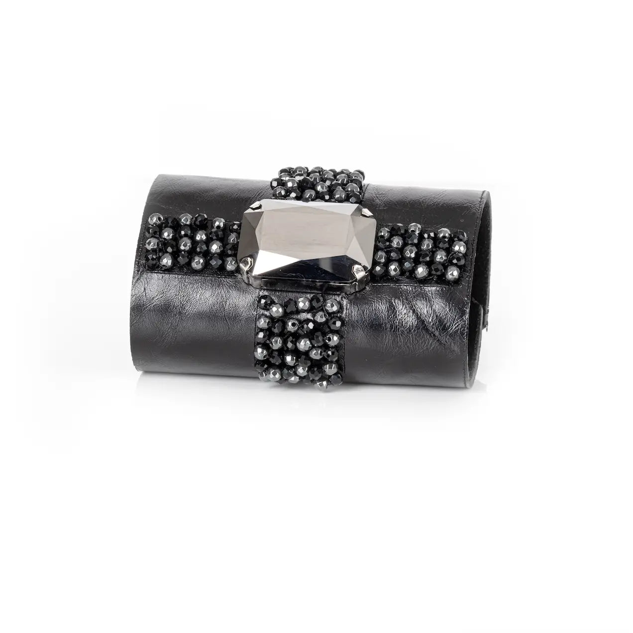 Black Leather Crystal Cuff Bracelet Gunmetal Cross Stone