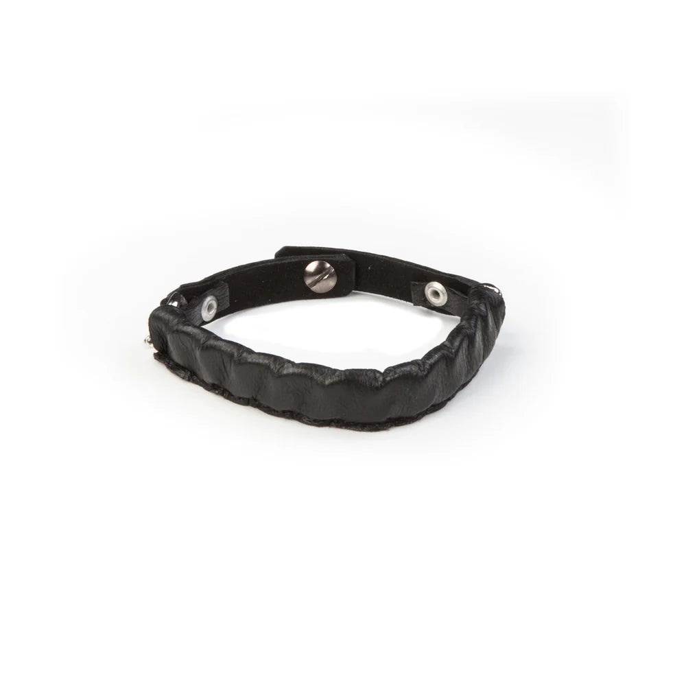 Men's black leather wrap bracelet featuring a padded stitched band, adjustable leather strap, and silver-tone hardware for a rugged modern look.