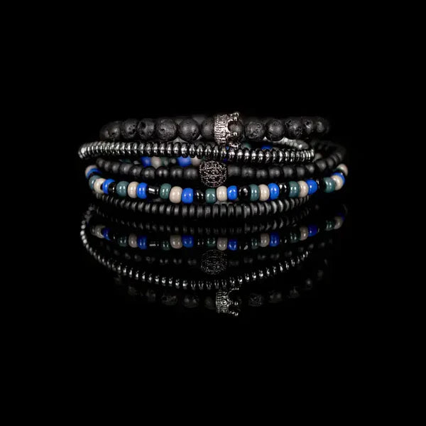 Black Multi Layer Bracelet with Crown Accent Lava Stone Hematite & Blue Beaded Stack
