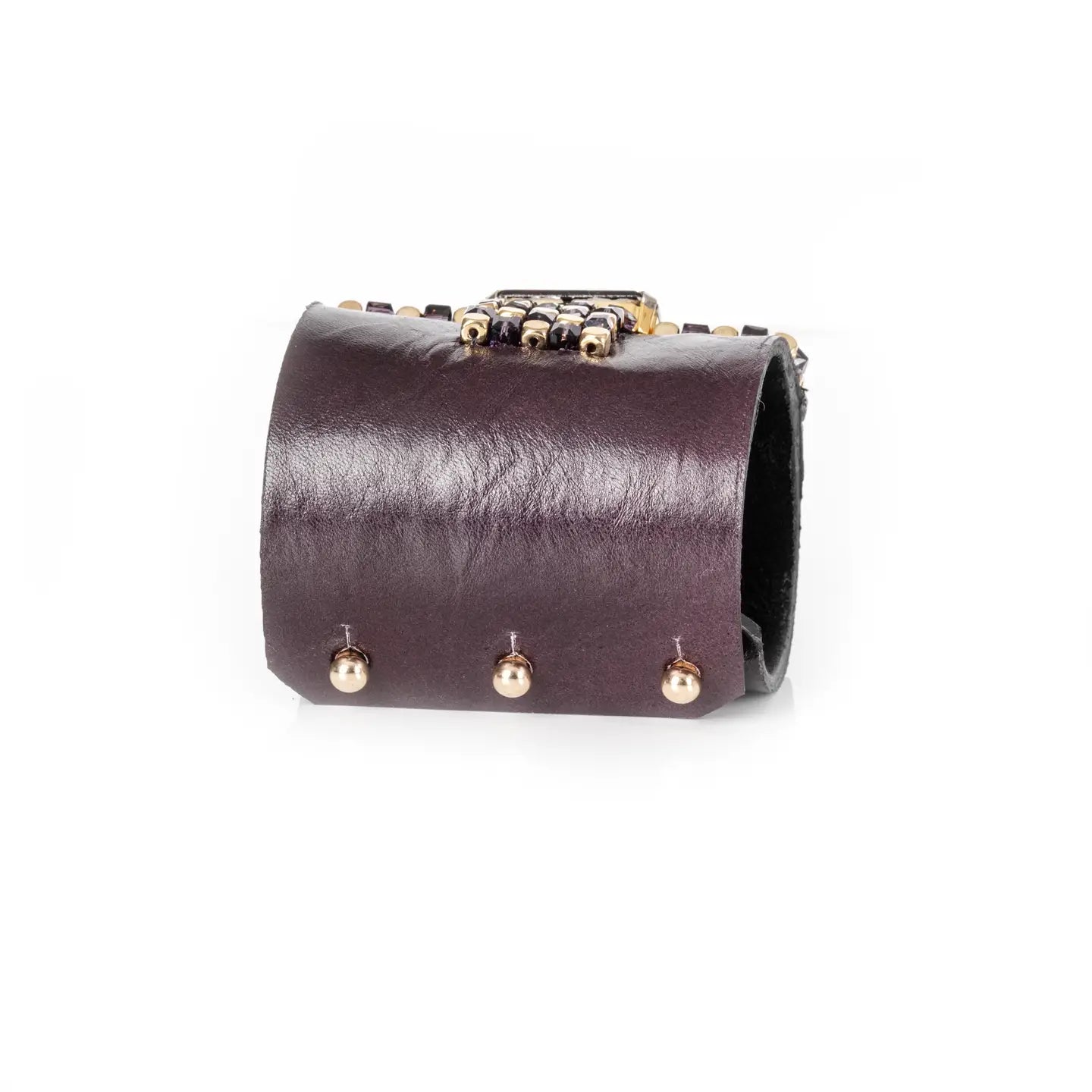 Garnet Crystal Leather Cuff Bracelet Plum & Gold Beaded