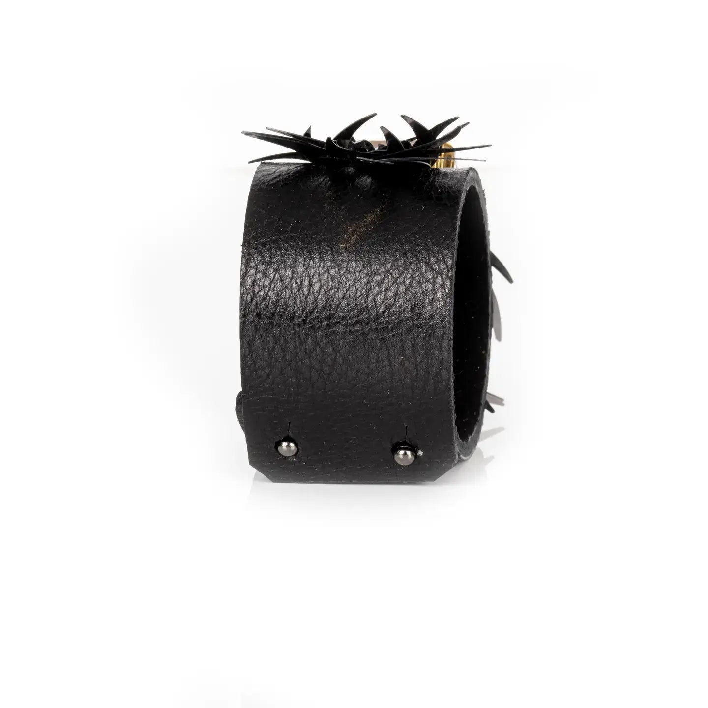 Black Leather Cuff with Faceted Crystal and Sculptural Metal