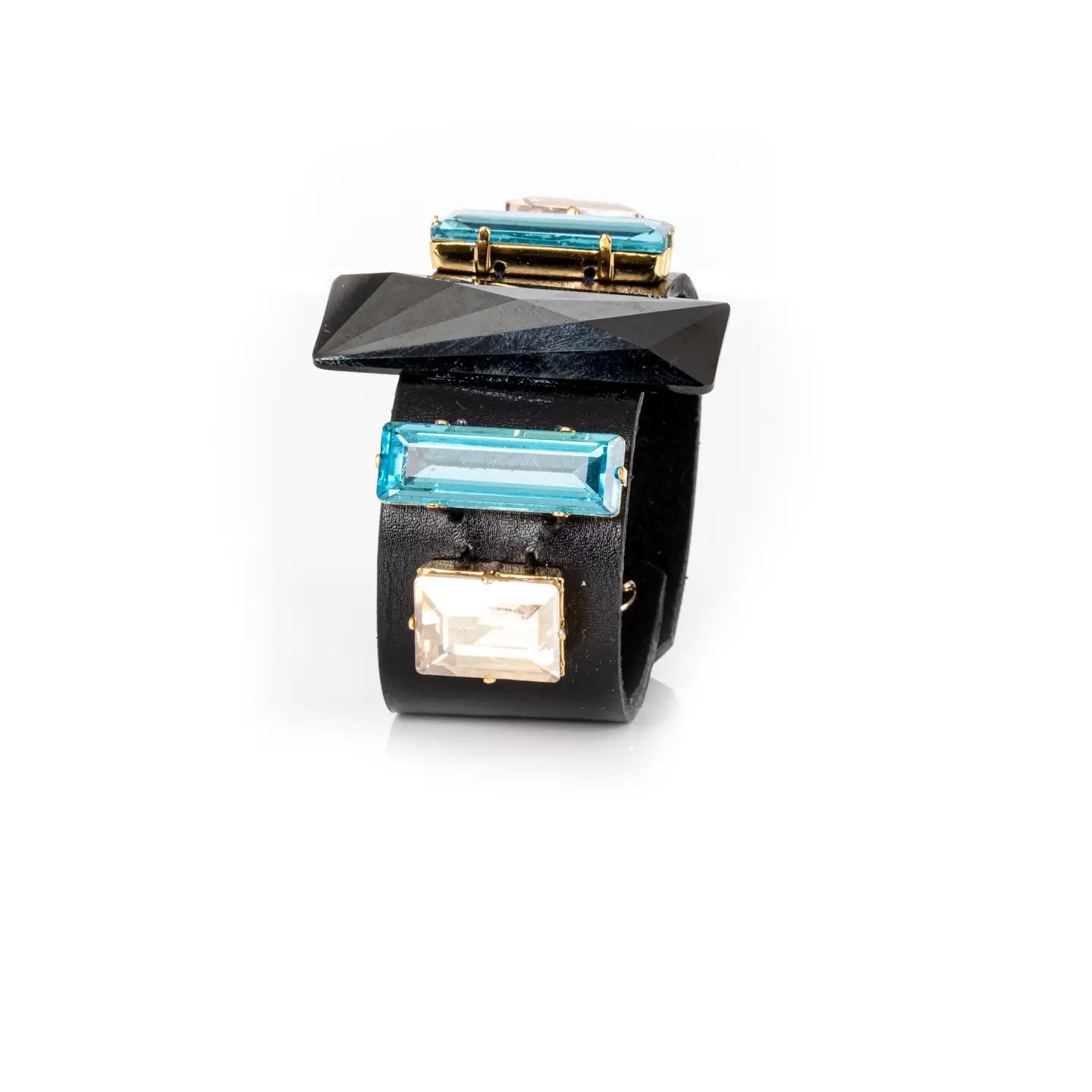 Black Leather Cuff with Blue & Champagne Crystals