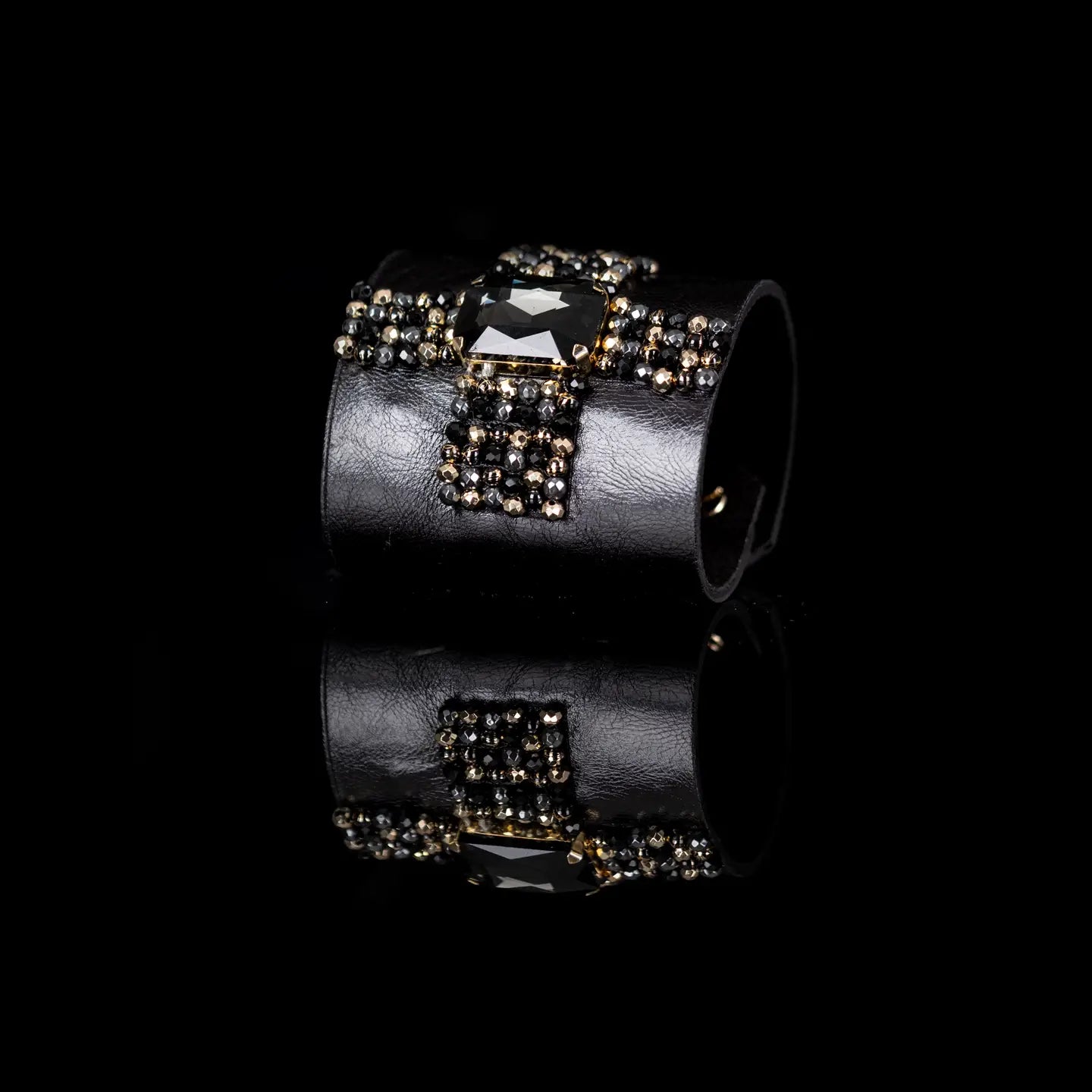 Crystal Ribbon Leather Cuff Bracelet Black & Smoky Obsidian