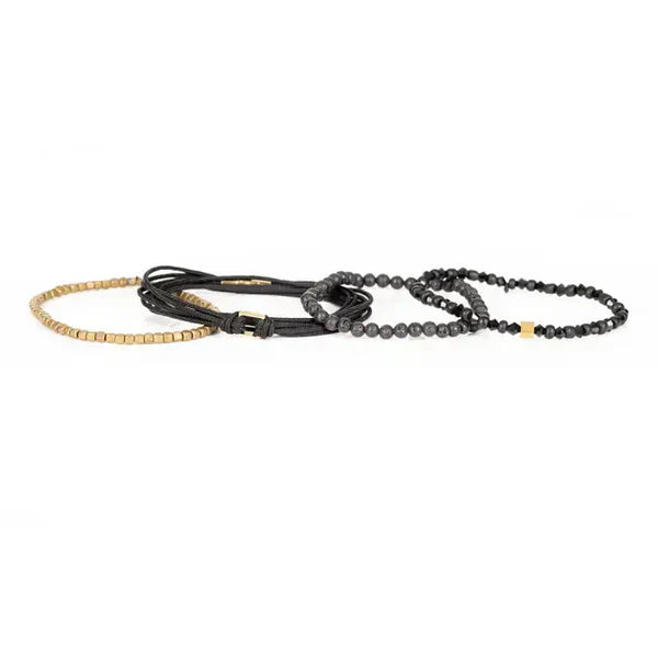 Black & Gold Layered Men’s Bracelet Set Lava Stone Rope Wrap & Geometric Bead Stack