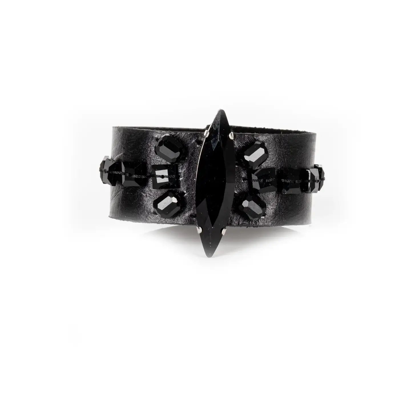 Black Leather Cuff with Faceted Black Crystals