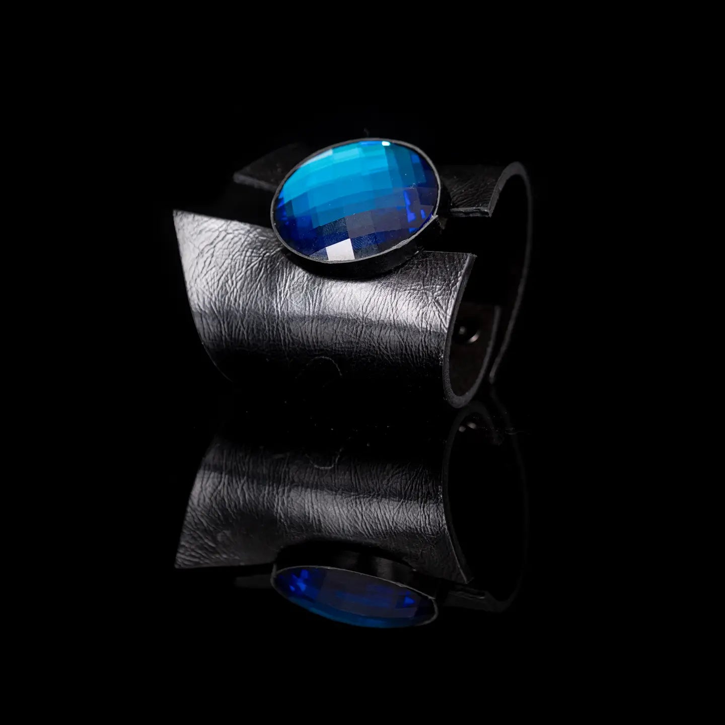 Midnight Blue Faceted Crystal Leather Cuff Bracelet