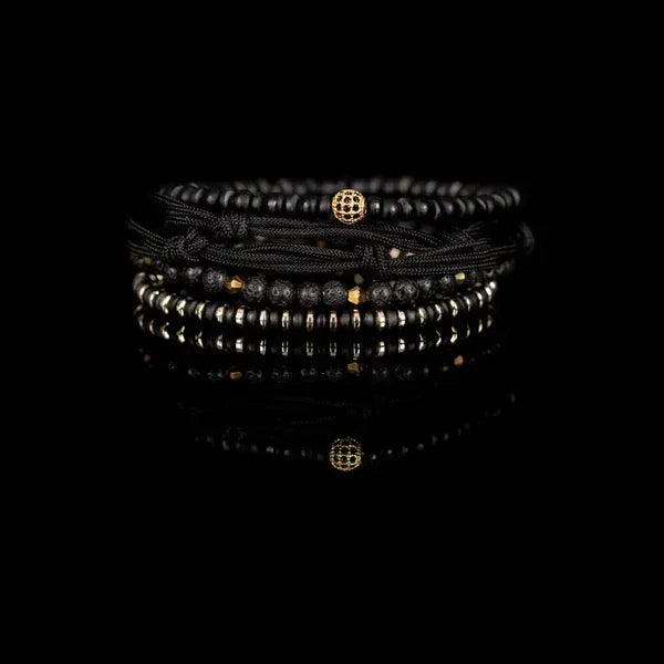 Black & Gold Layered Men’s Bracelet Set Lava Stone Rope Wrap & Matte Bead Stack