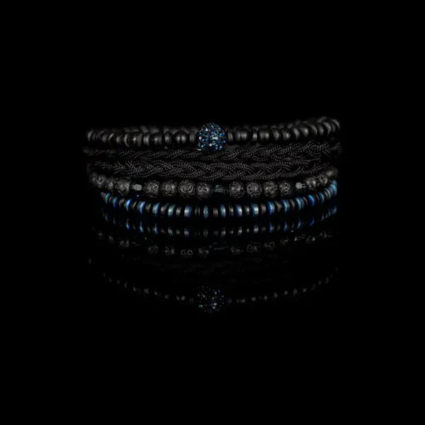 Black & Blue Multi Layer Bracelet with Crystal Accent Lava Stone Rope & Hematite Stack