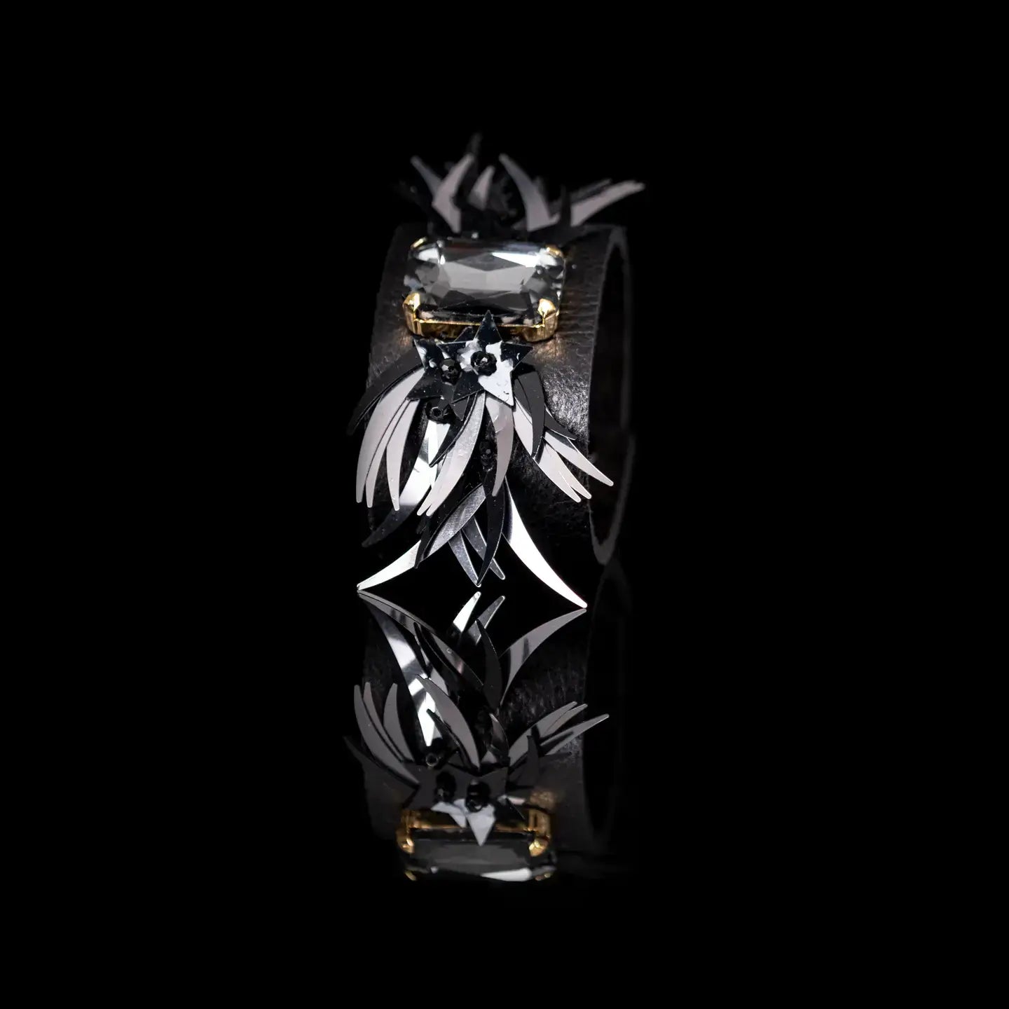 Black Leather Cuff with Faceted Crystal and Sculptural Metal