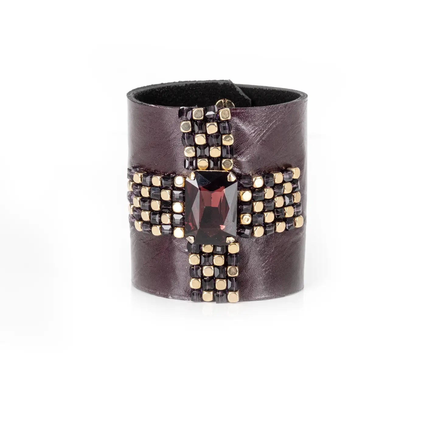 Garnet Crystal Leather Cuff Bracelet Plum & Gold Beaded