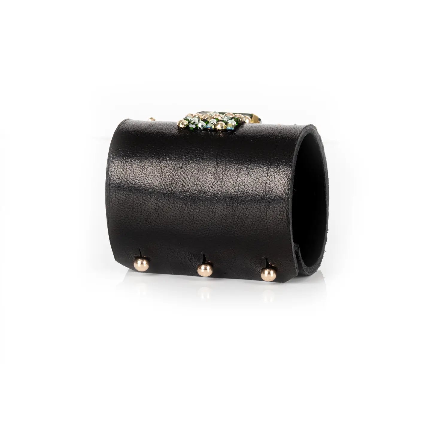 Crystal Ribbon Leather Cuff Bracelet Black & Emerald Spark