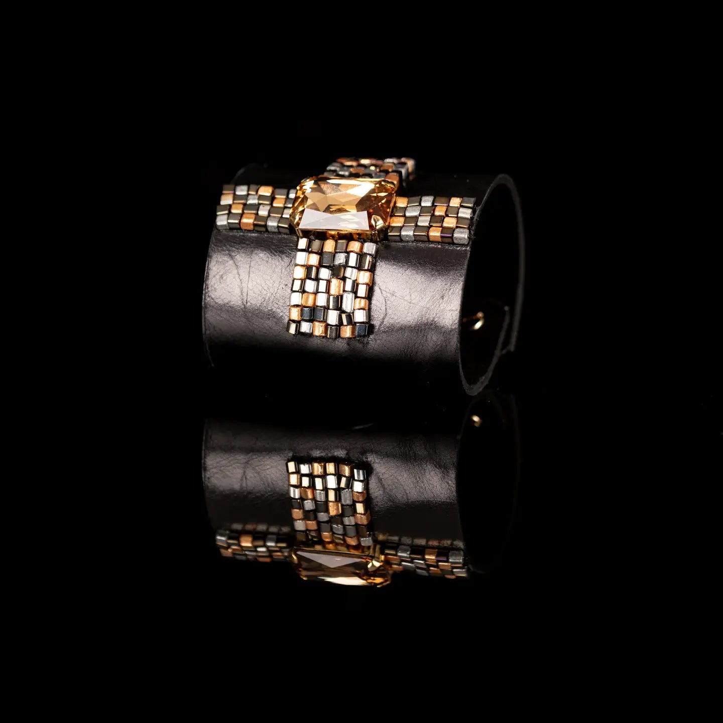 Champagne Crystal Leather Cuff Bracelet Bronze & Silver