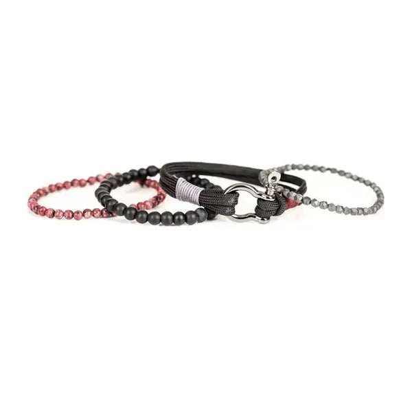 Black & Red Multi Layer Bracelet with Hook Clasp Hematite Matte Onyx & Natural Stone Stack