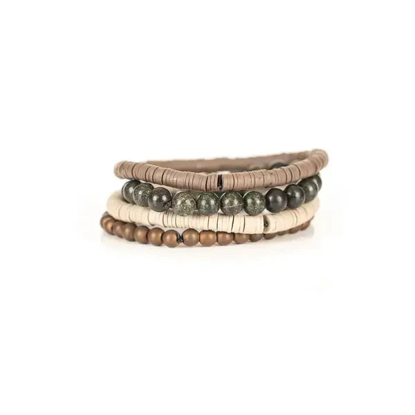 Layered men’s bracelet set featuring taupe and ivory heishi beads, natural green stone beads, and matte bronze beads on elastic strands, displayed on a white background.