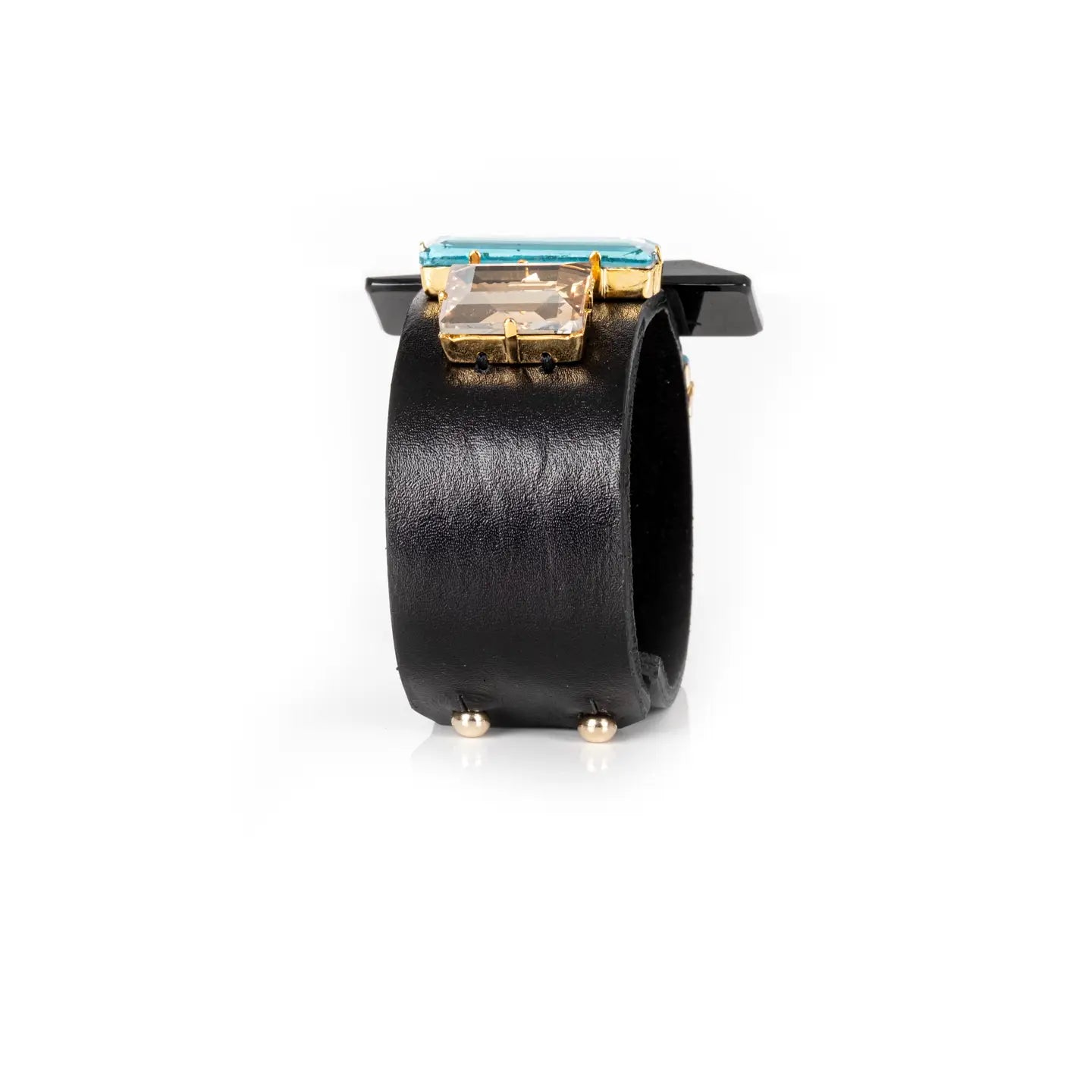Black Leather Cuff with Blue & Champagne Crystals