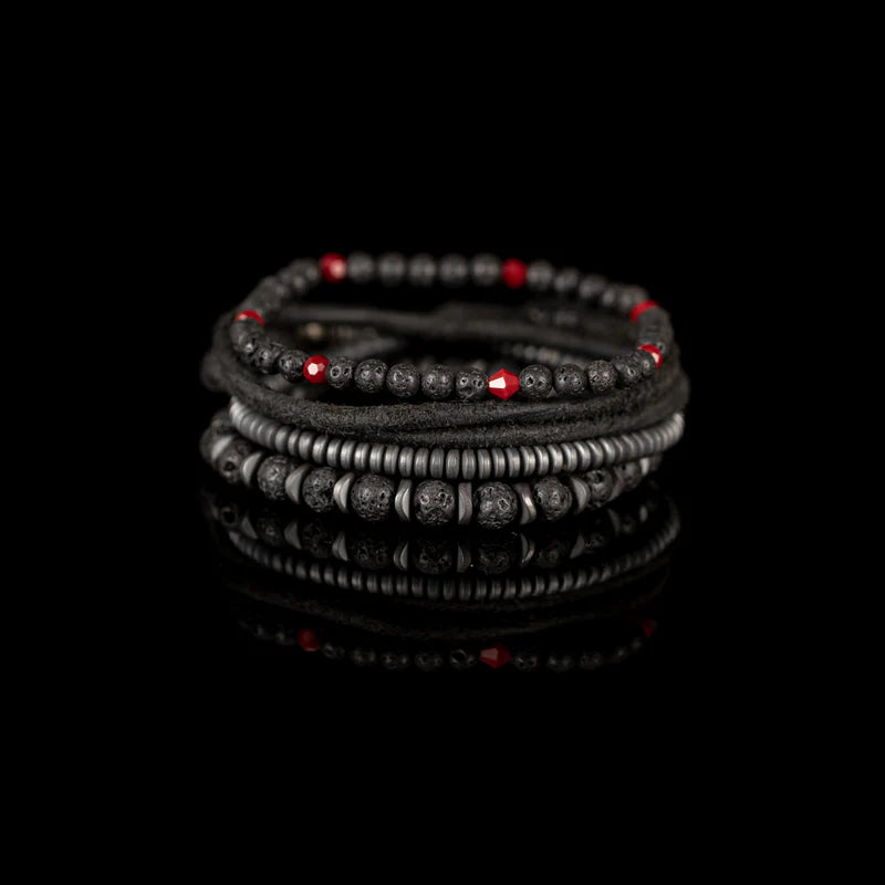 Black Lava Stone & Red Crystal Multi-Layer Wrap Bracelet for Men