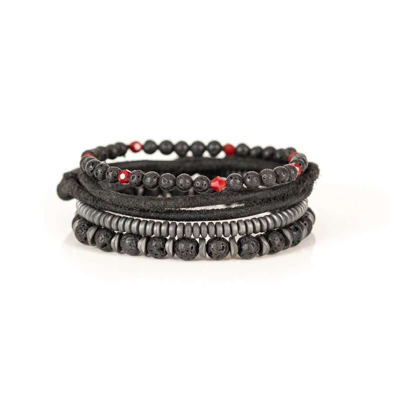 Black Lava Stone & Red Crystal Multi-Layer Wrap Bracelet for Men
