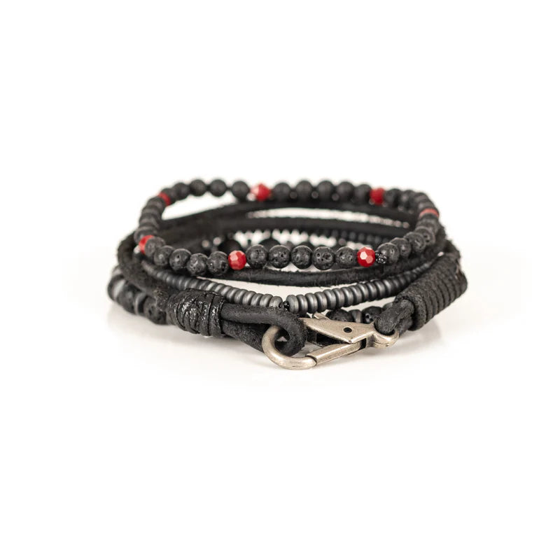 Black Lava Stone & Red Crystal Multi-Layer Wrap Bracelet for Men