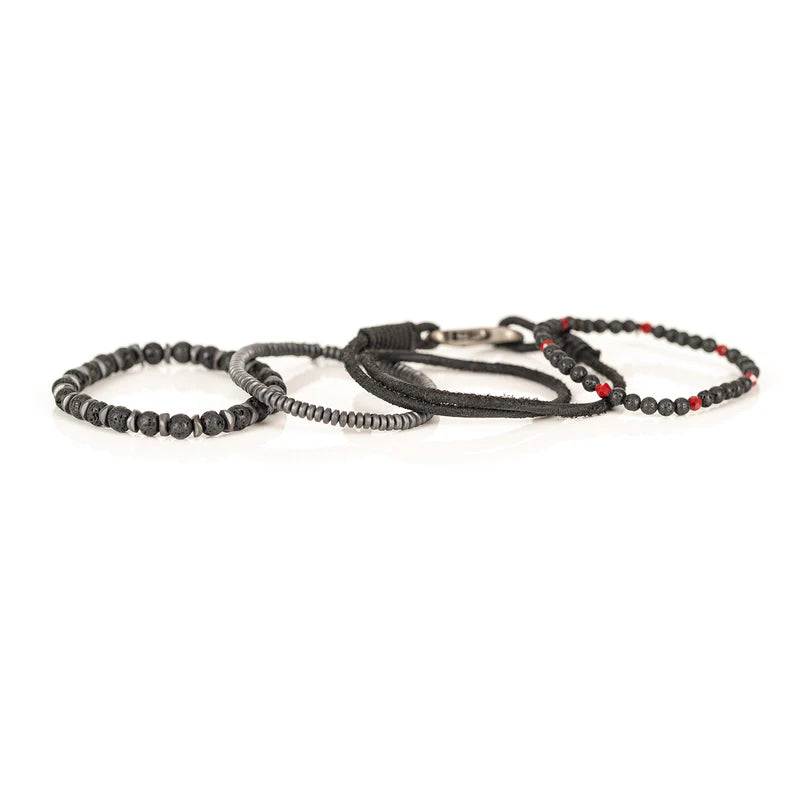 Black Lava Stone & Red Crystal Multi-Layer Wrap Bracelet for Men
