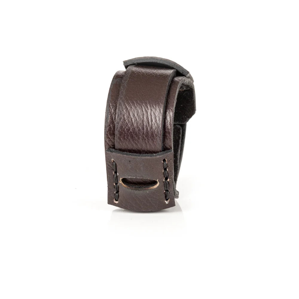 Handcrafted men's genuine leather cuff bracelet in dark brown with a wide layered wrap design, hand-stitched detailing, and a minimalist artisan closure. Premium handmade men's leather wristband photographed on a clean white background.