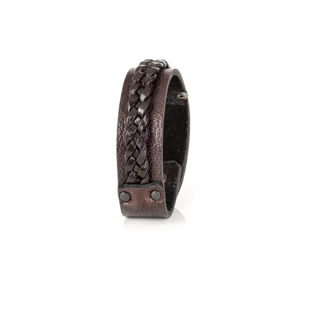 Men's handcrafted genuine leather cuff bracelet in dark brown featuring a woven braided leather center panel, matte black rivet accents, and a sleek minimalist design. Premium artisan men's leather wristband photographed on a clean white background.