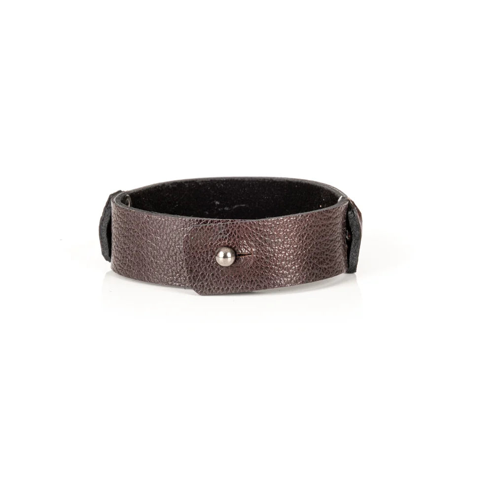 Men's handcrafted genuine leather cuff bracelet in dark brown featuring a woven braided leather center panel, matte black rivet accents, and a sleek minimalist design. Premium artisan men's leather wristband photographed on a clean white background.