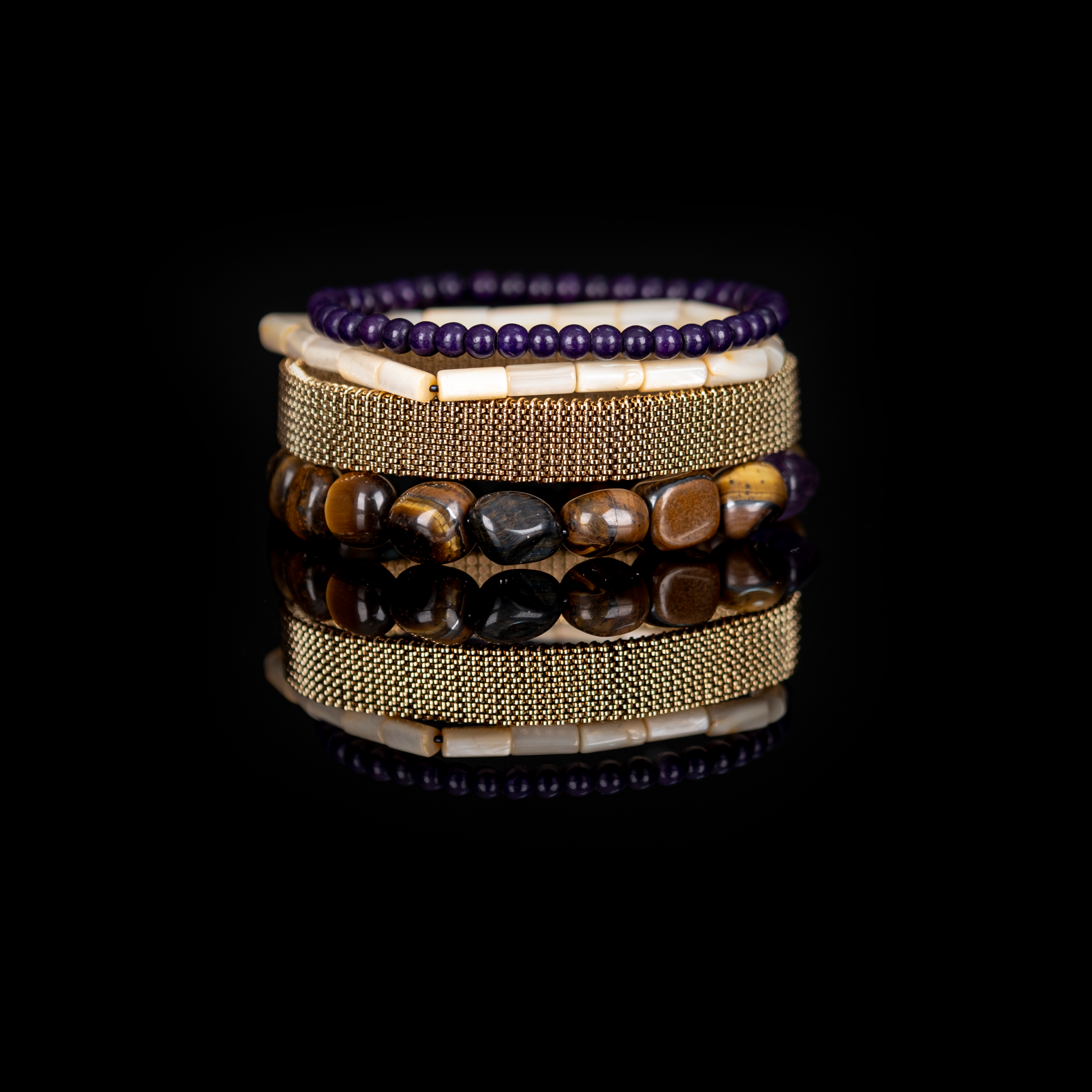 Amethyst, Tiger Eye & Gold Mesh Bracelet Stack