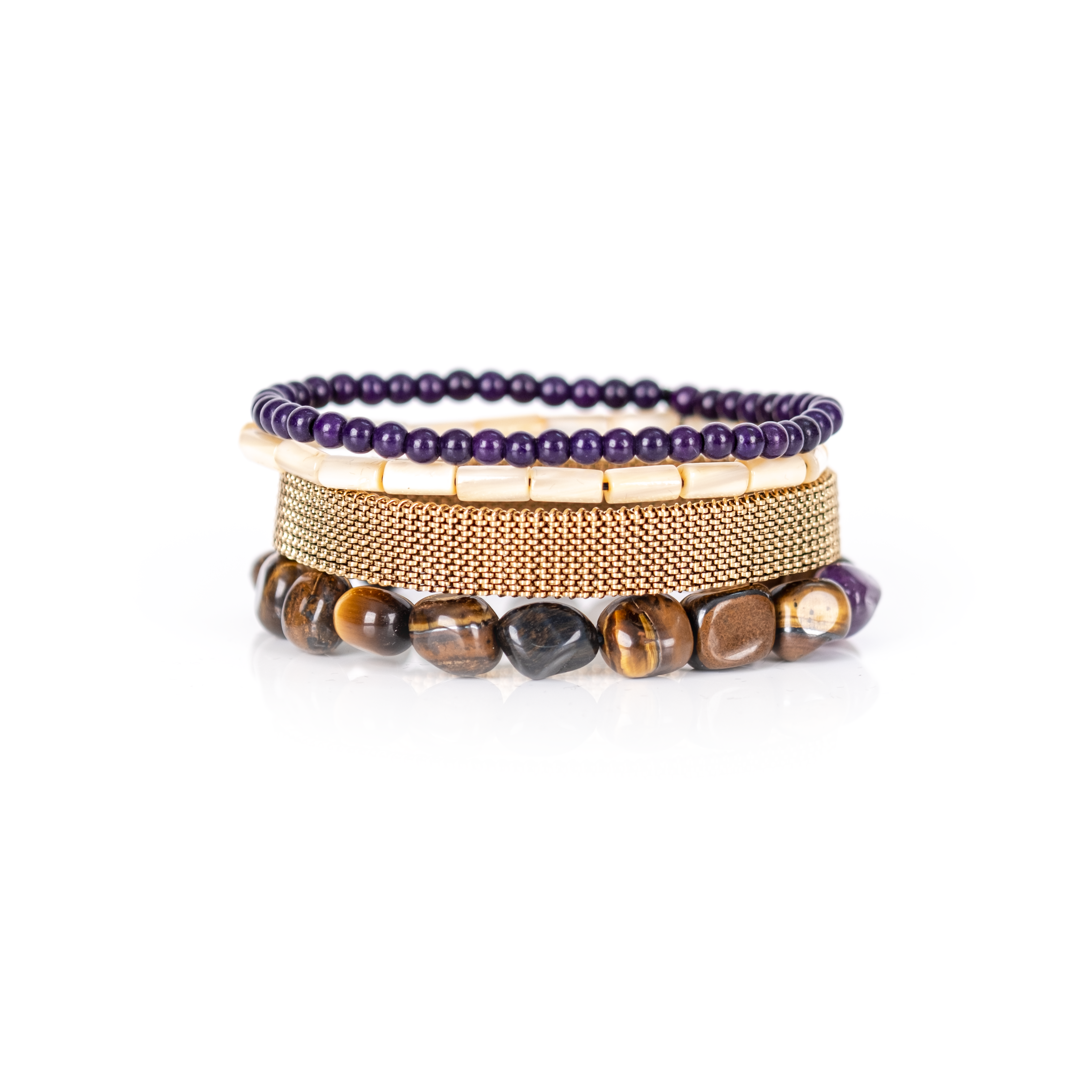 Amethyst, Tiger Eye & Gold Mesh Bracelet Stack