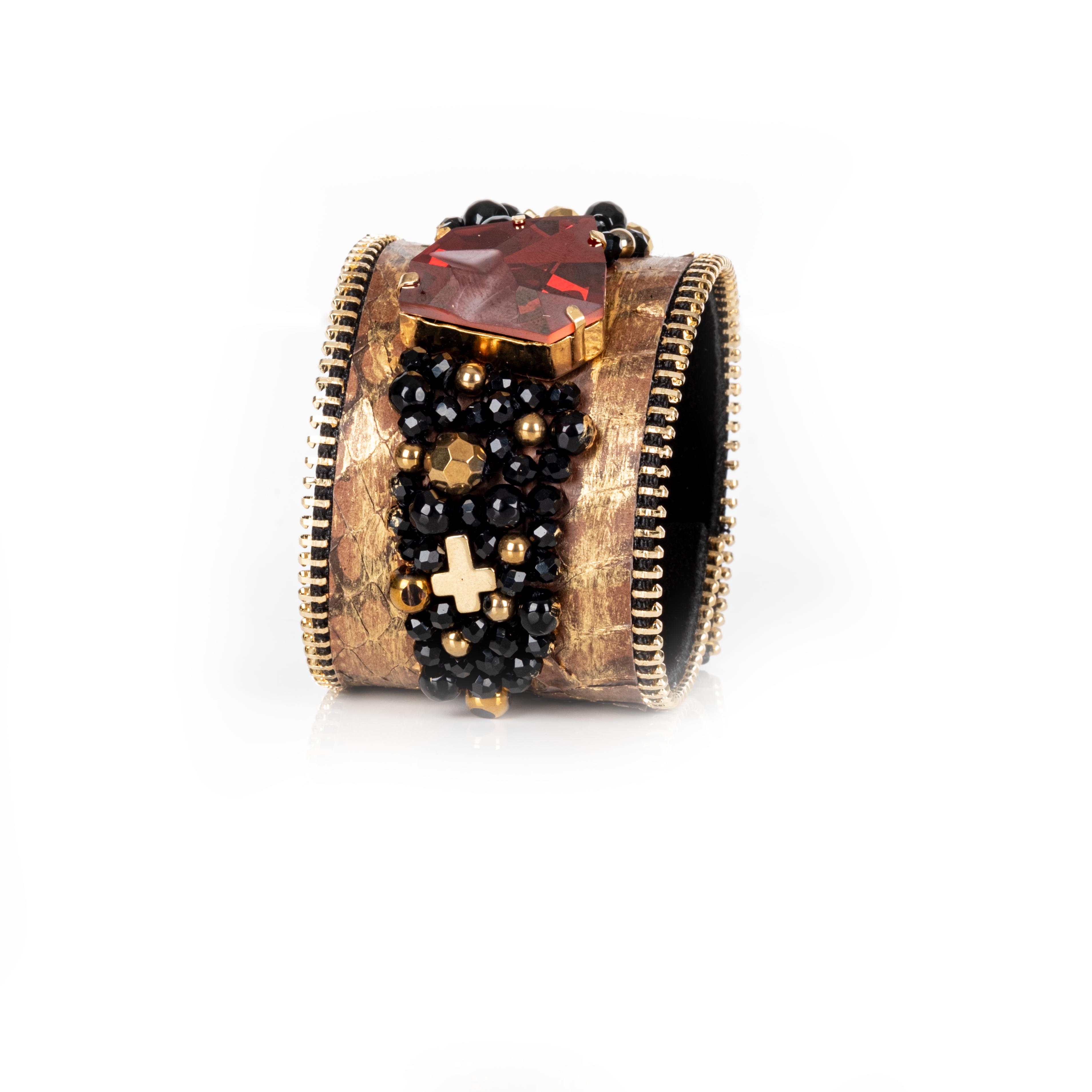 Women’s Statement Gold & Black Beaded Leather Cuff Bracelet