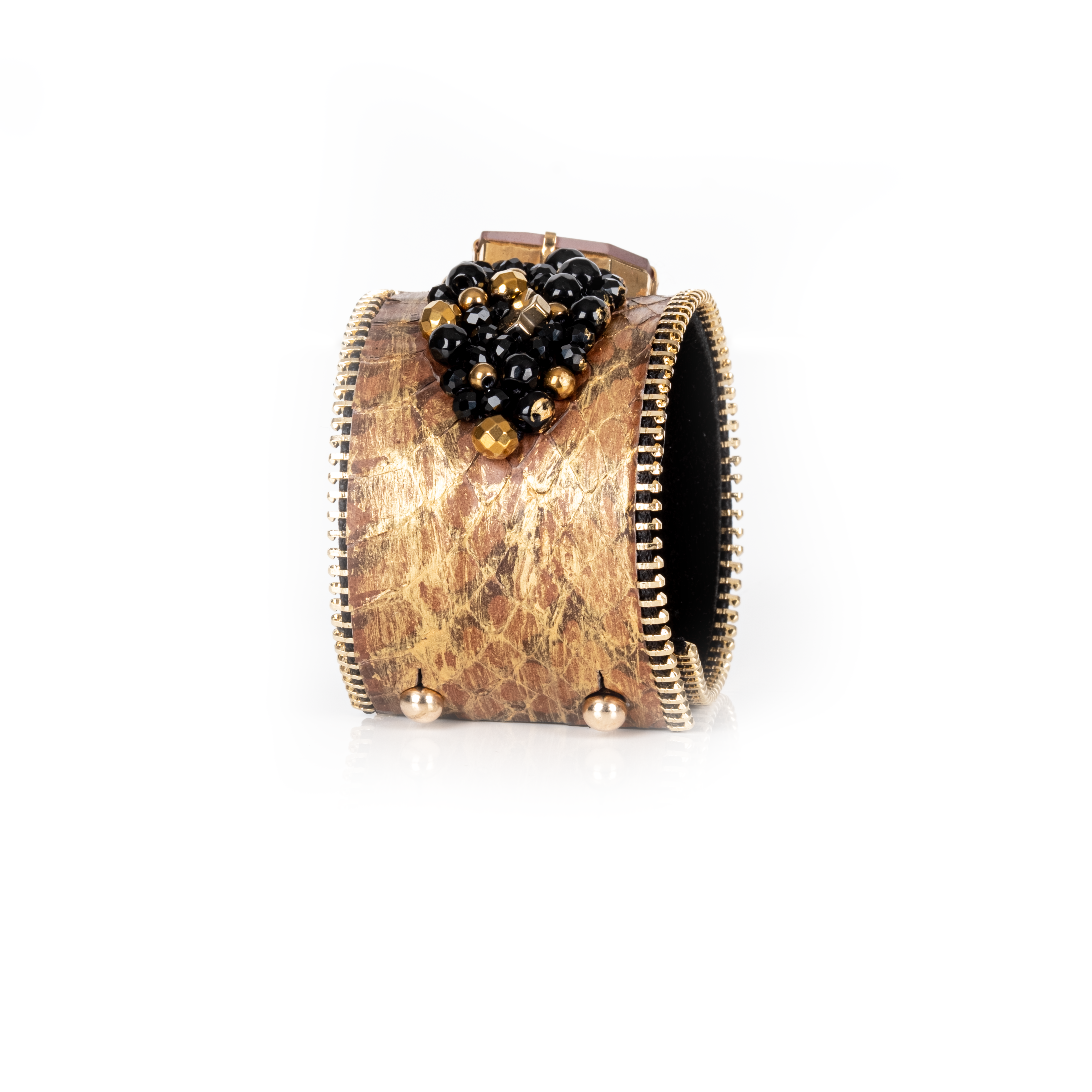 Women’s Statement Gold & Black Beaded Leather Cuff Bracelet