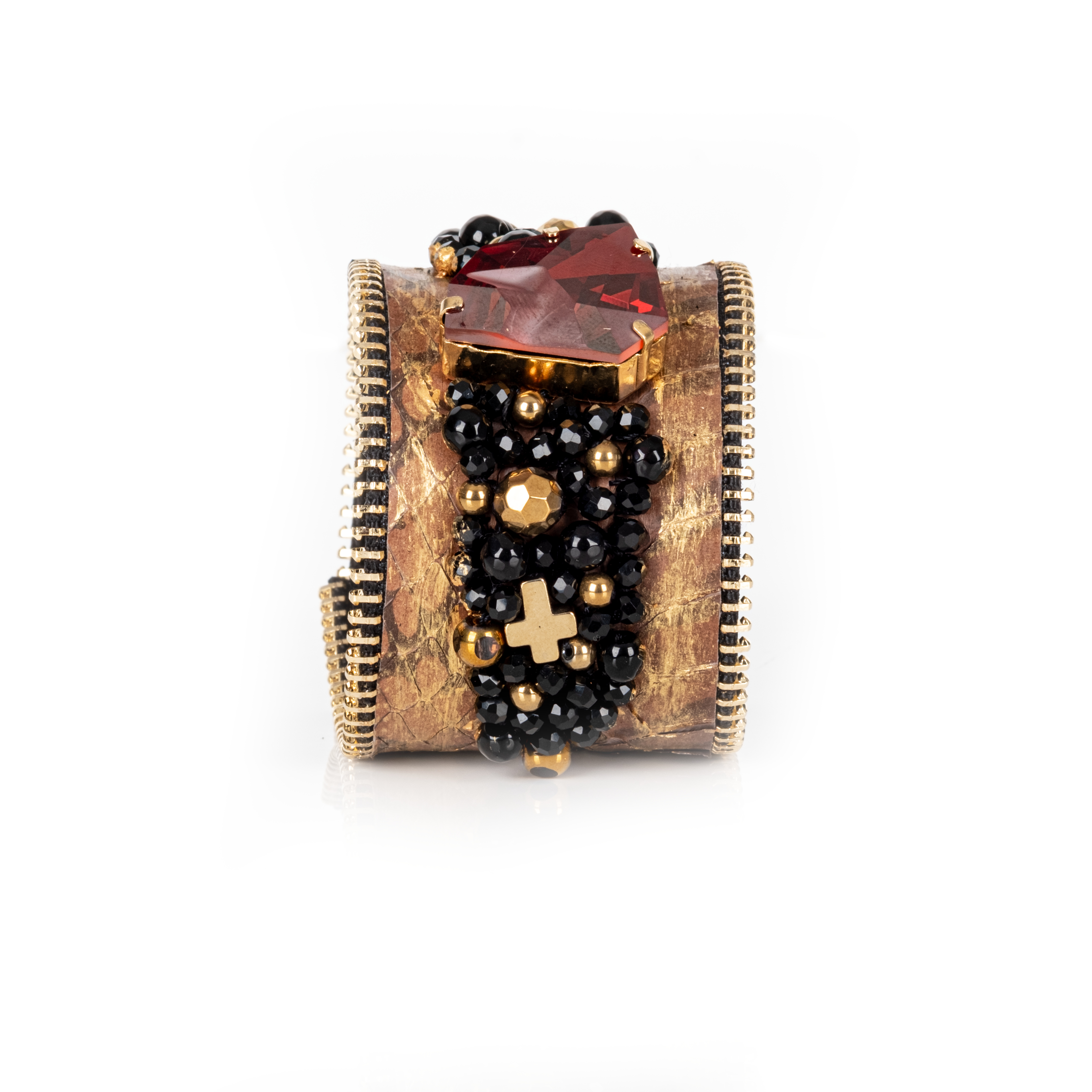 Women’s Statement Gold & Black Beaded Leather Cuff Bracelet