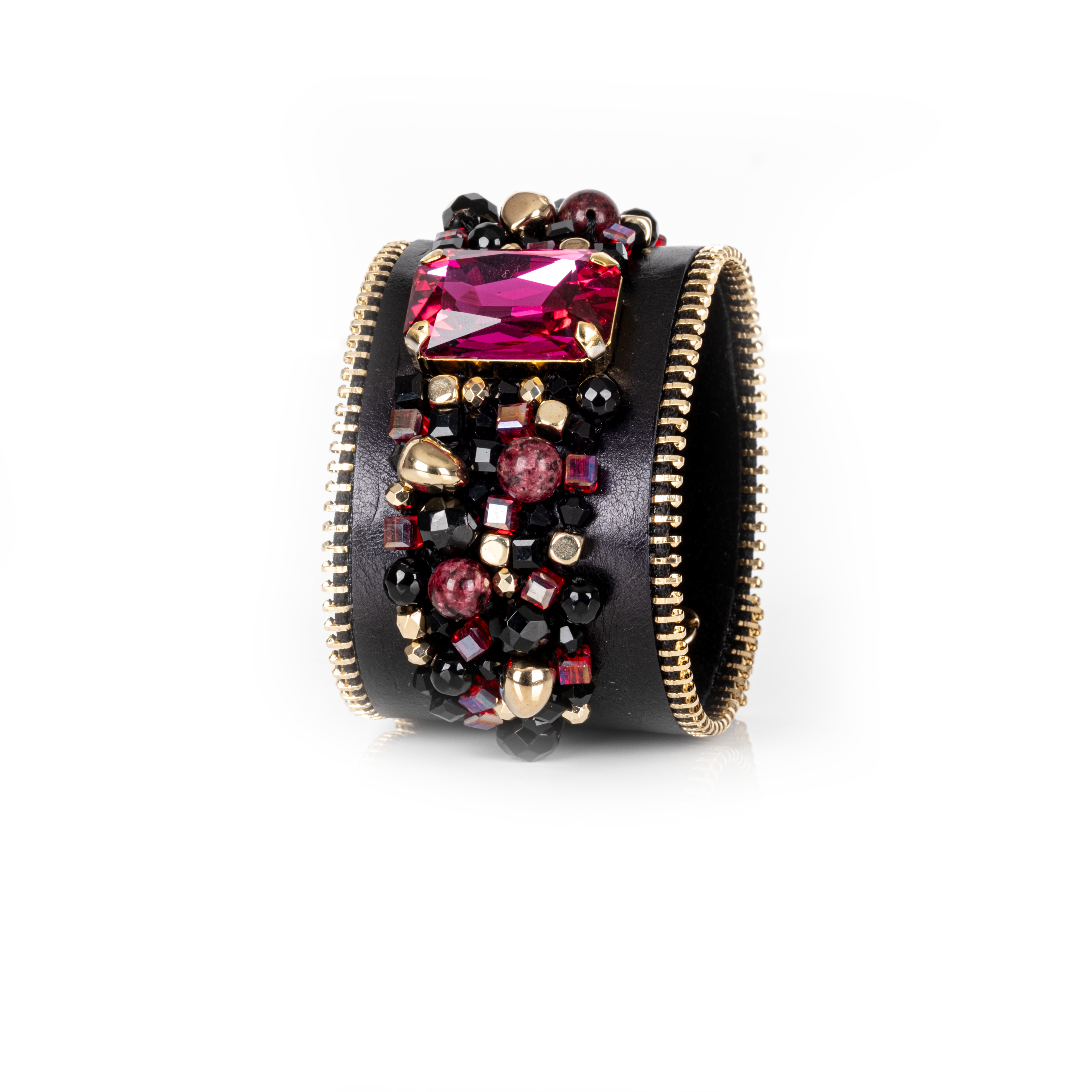 Black Leather Crystal Statement Cuff Ruby Glass & Gold Zip