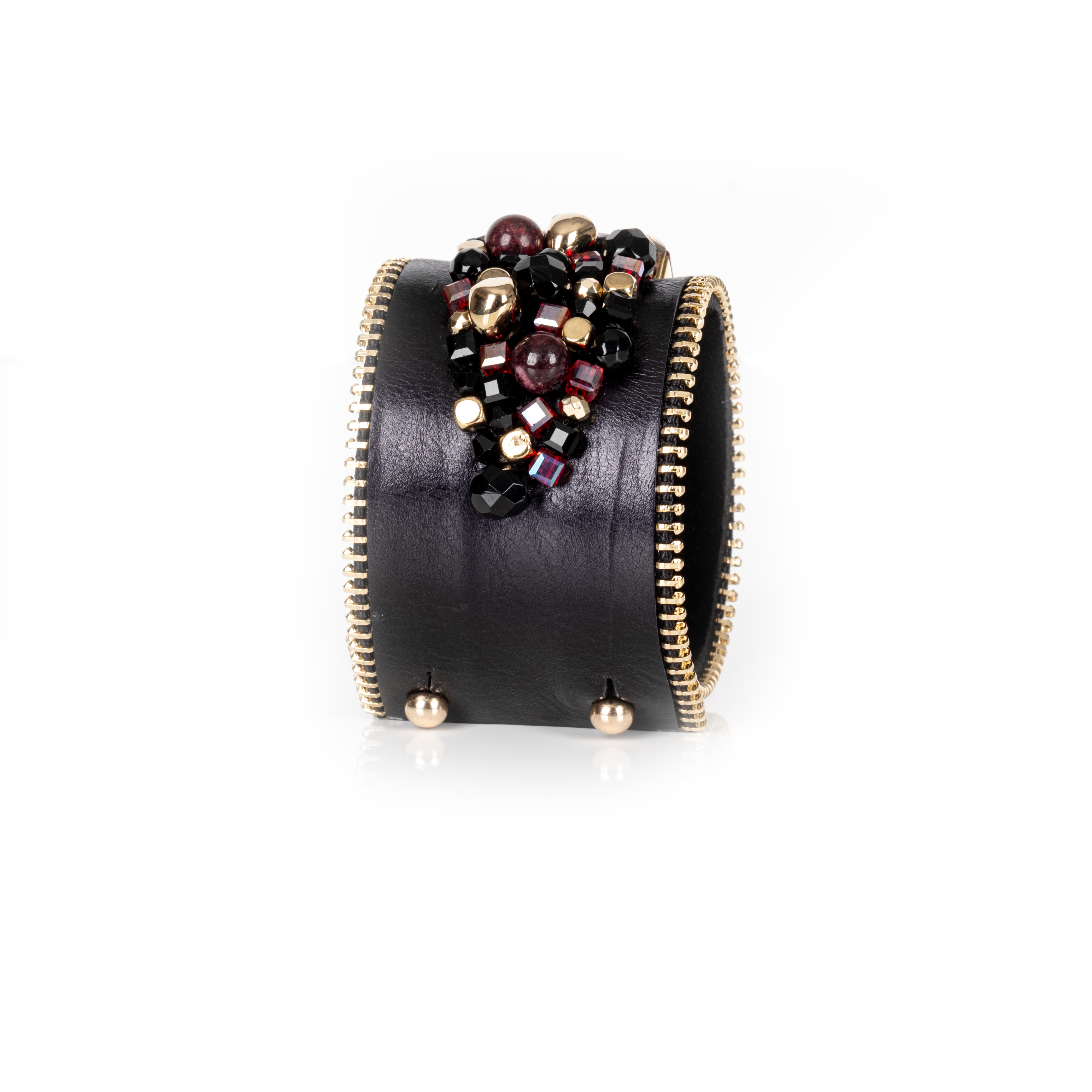 Black Leather Crystal Statement Cuff Ruby Glass & Gold Zip