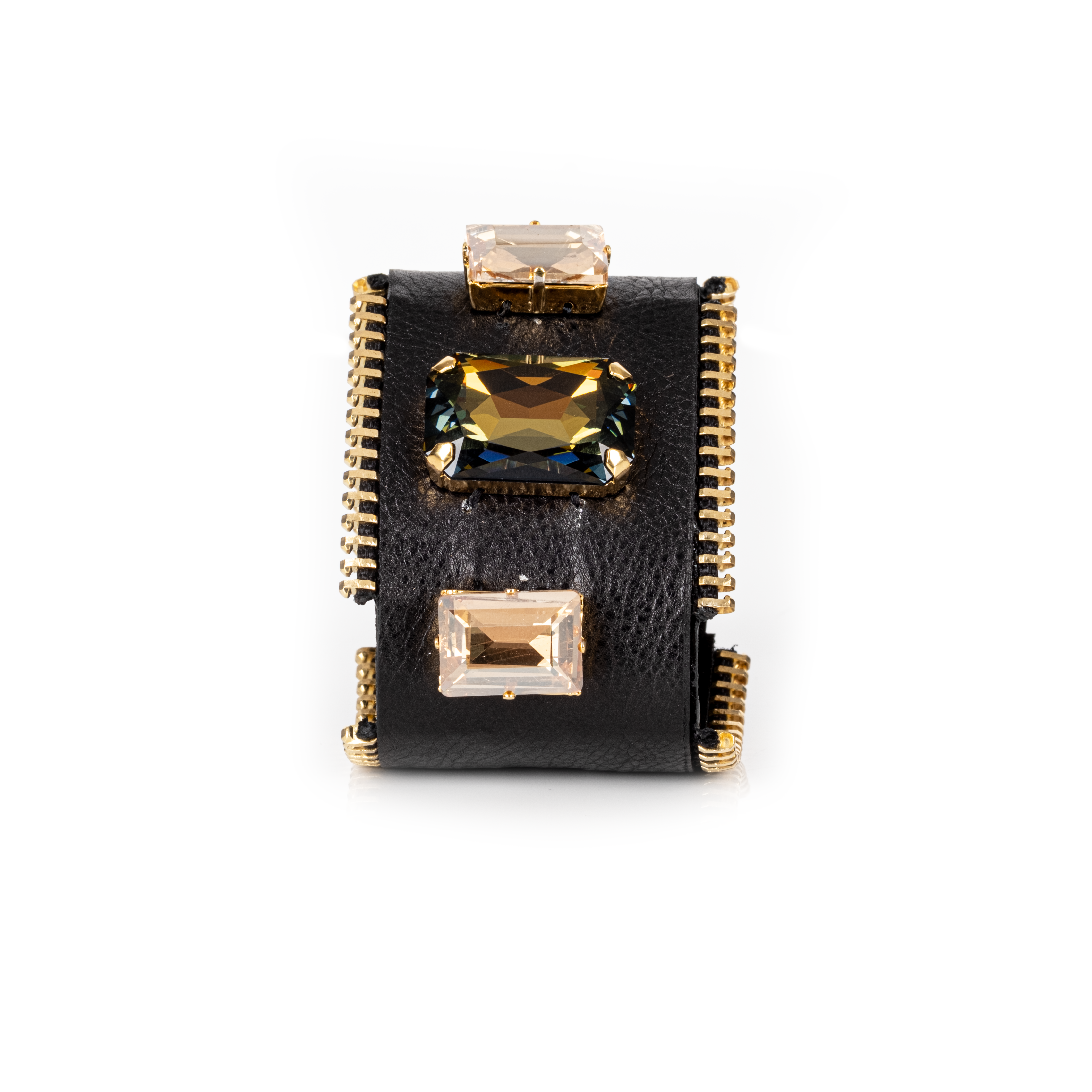 Black Leather Triple Crystal Statement Cuff Gold Zipper