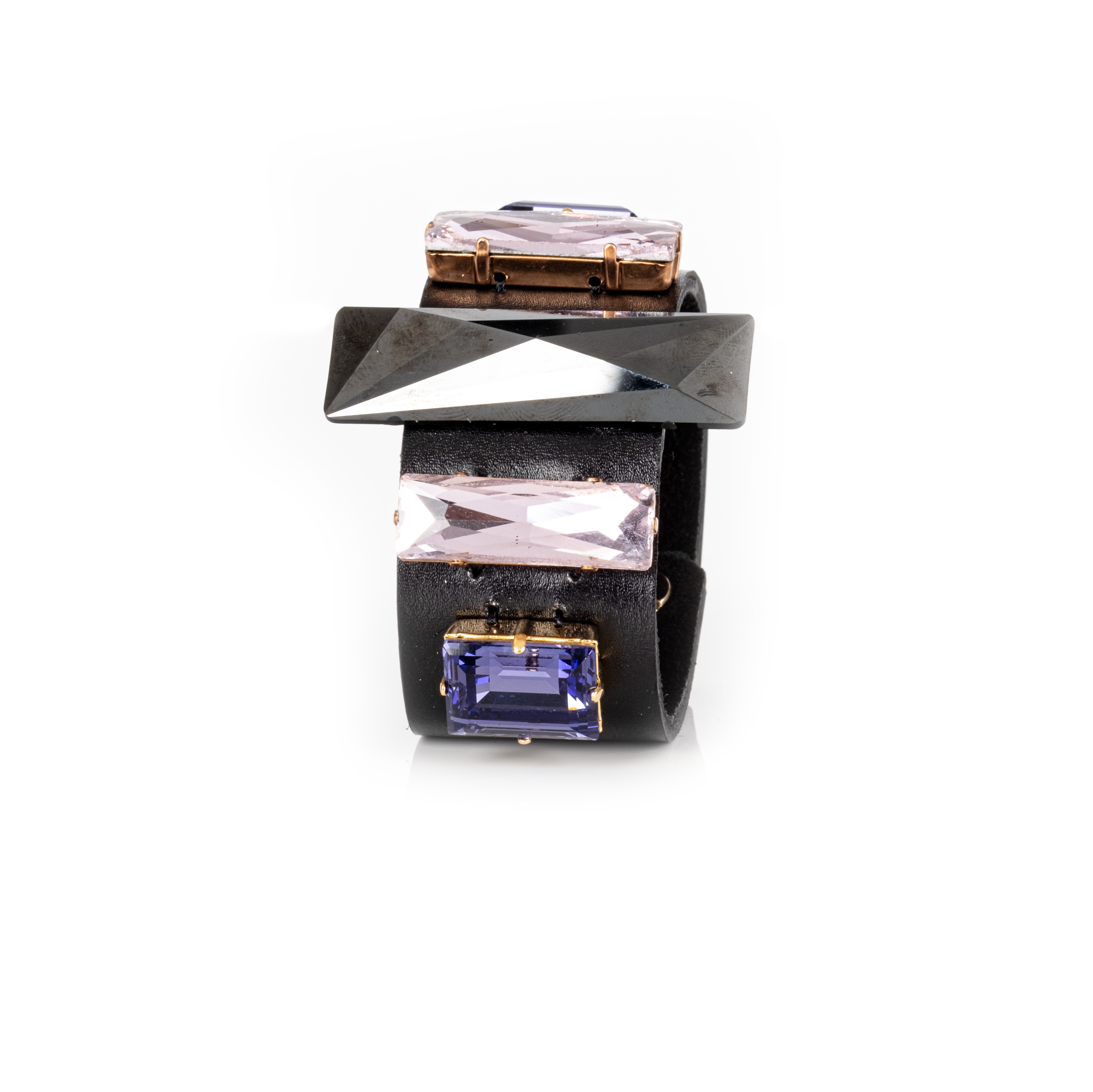 Black Leather Cuff with Blush & Sapphire Crystals