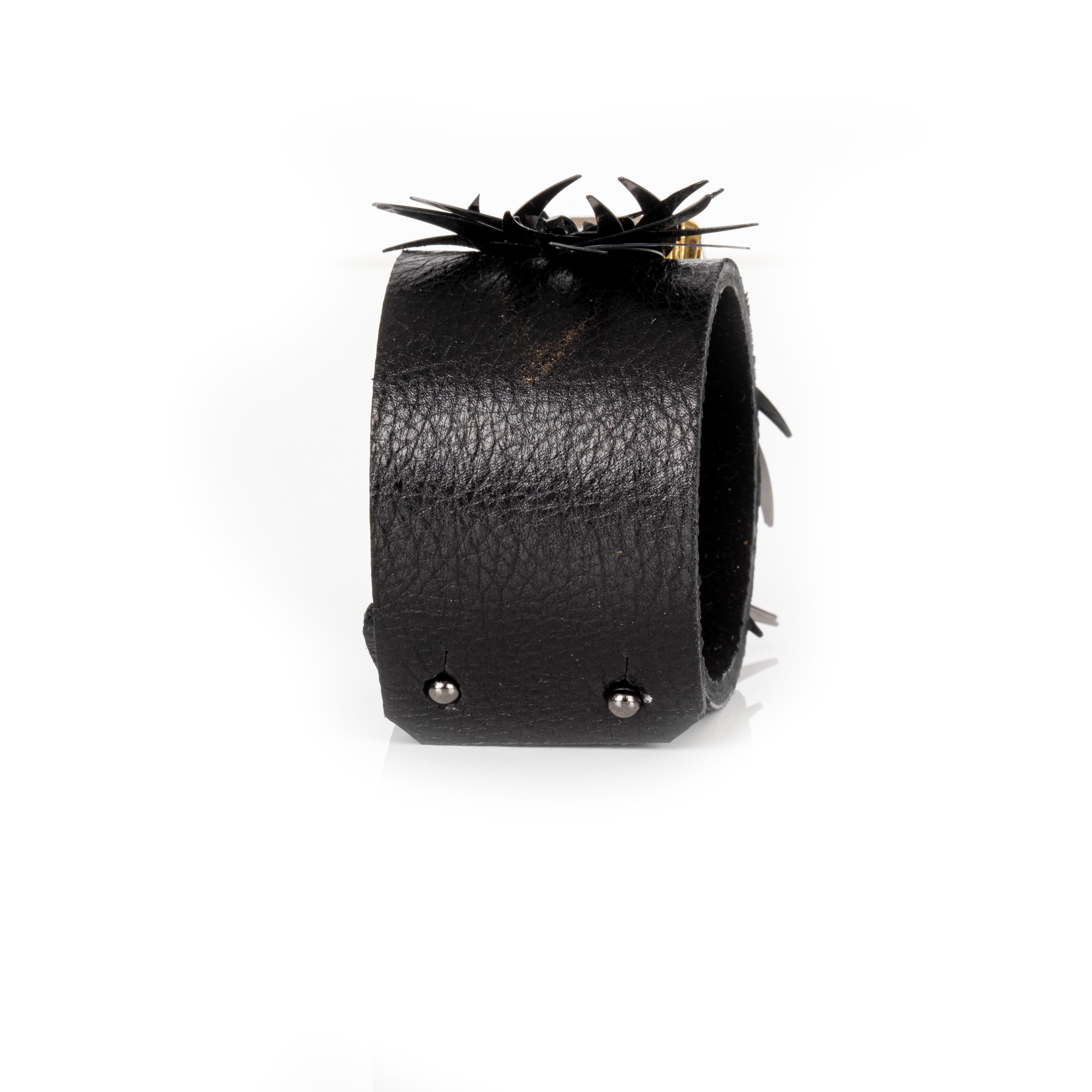 Black Leather Cuff with Faceted Crystal and Sculptural Metal