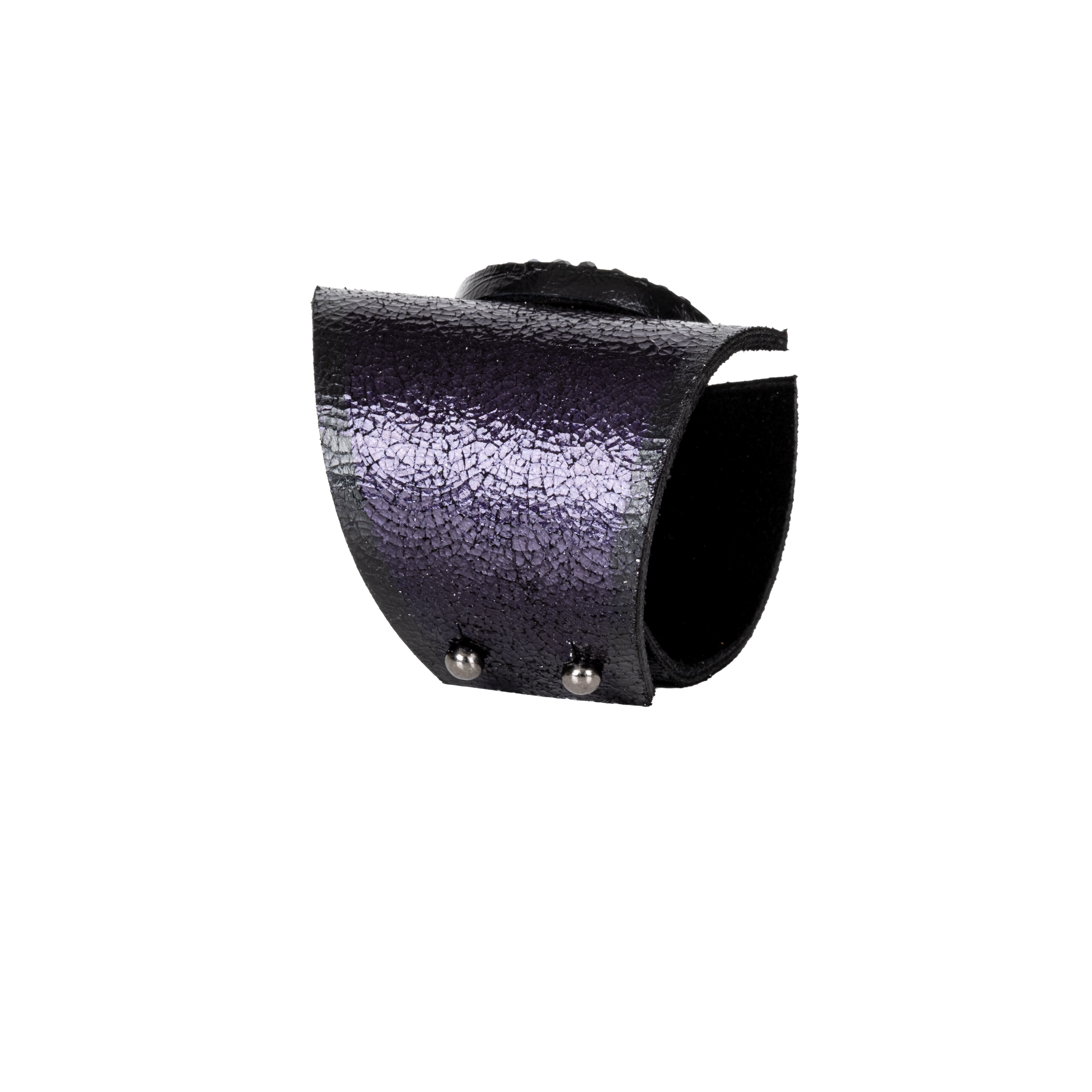 Purple metallic leather cuff bracelet with black crystal stud circle centerpiece, handmade statement bracelet by THE DARK