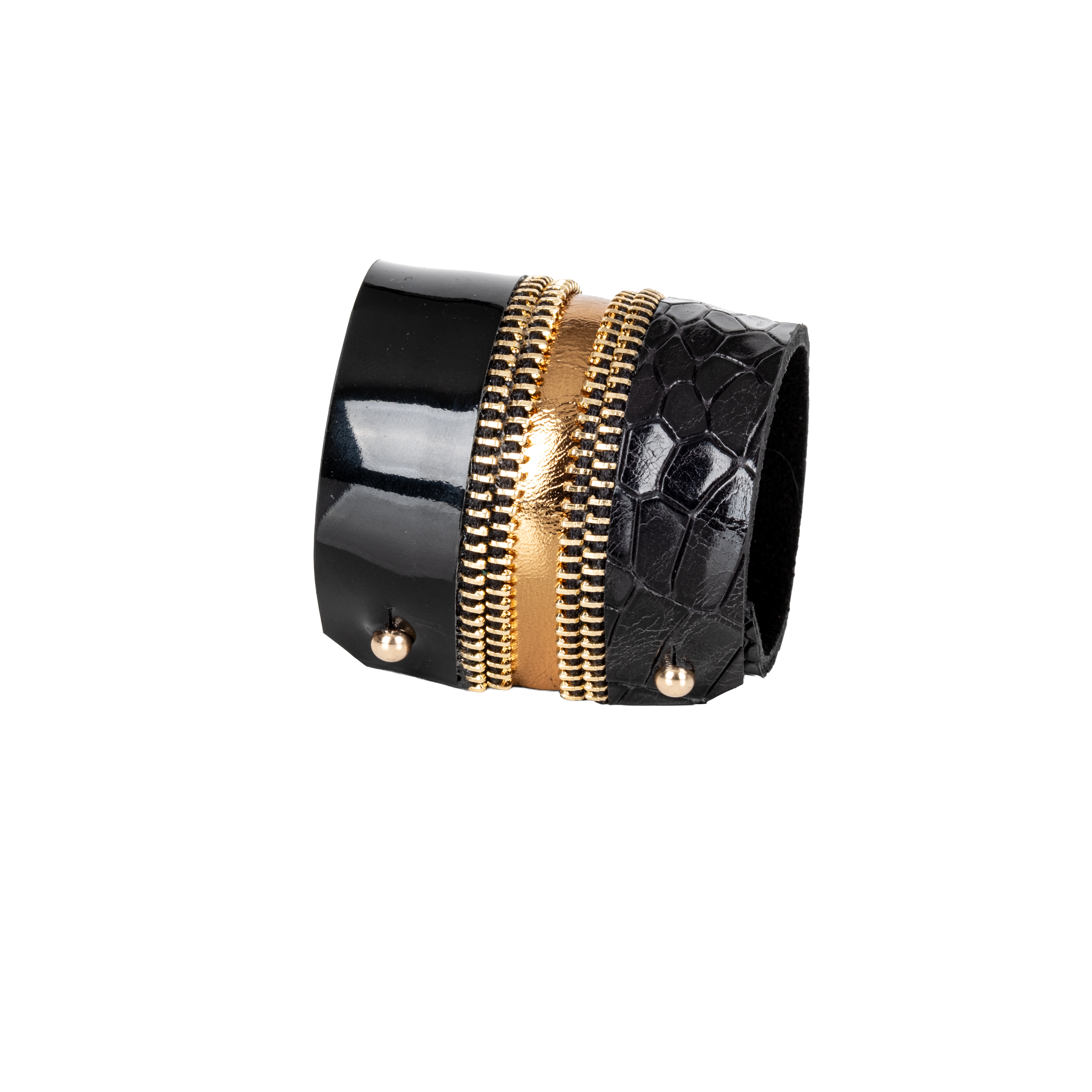 Black leather cuff bracelet with gold metallic center and zipper detail, textured reptile leather statement bracelet by THE DARK
