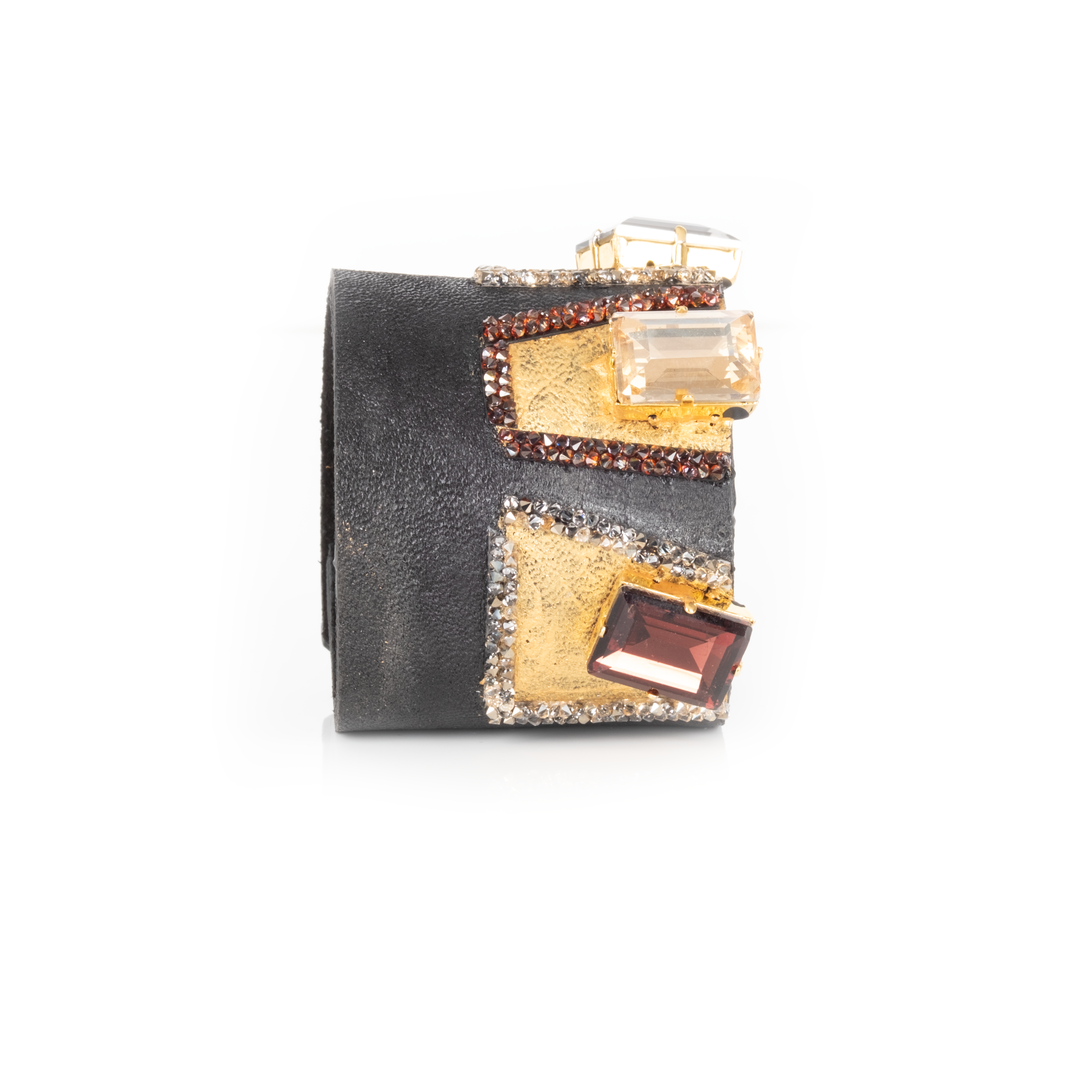 Black leather cuff bracelet with geometric gold panels and champagne and garnet crystals, handmade statement bracelet by THE DARK