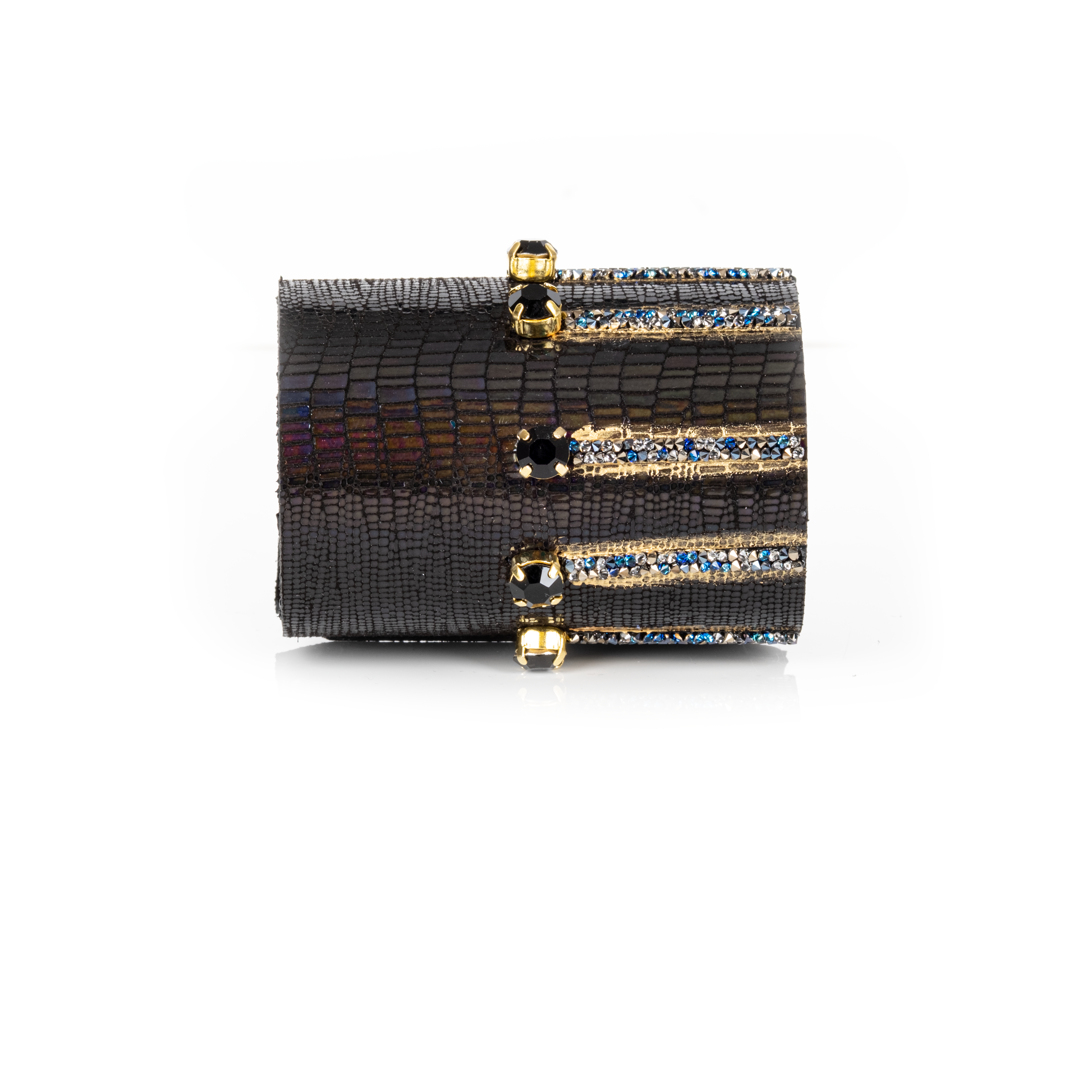 Black lizard leather cuff bracelet with gold crystal bars and blue crystal accents, handmade statement bracelet by THE DARK