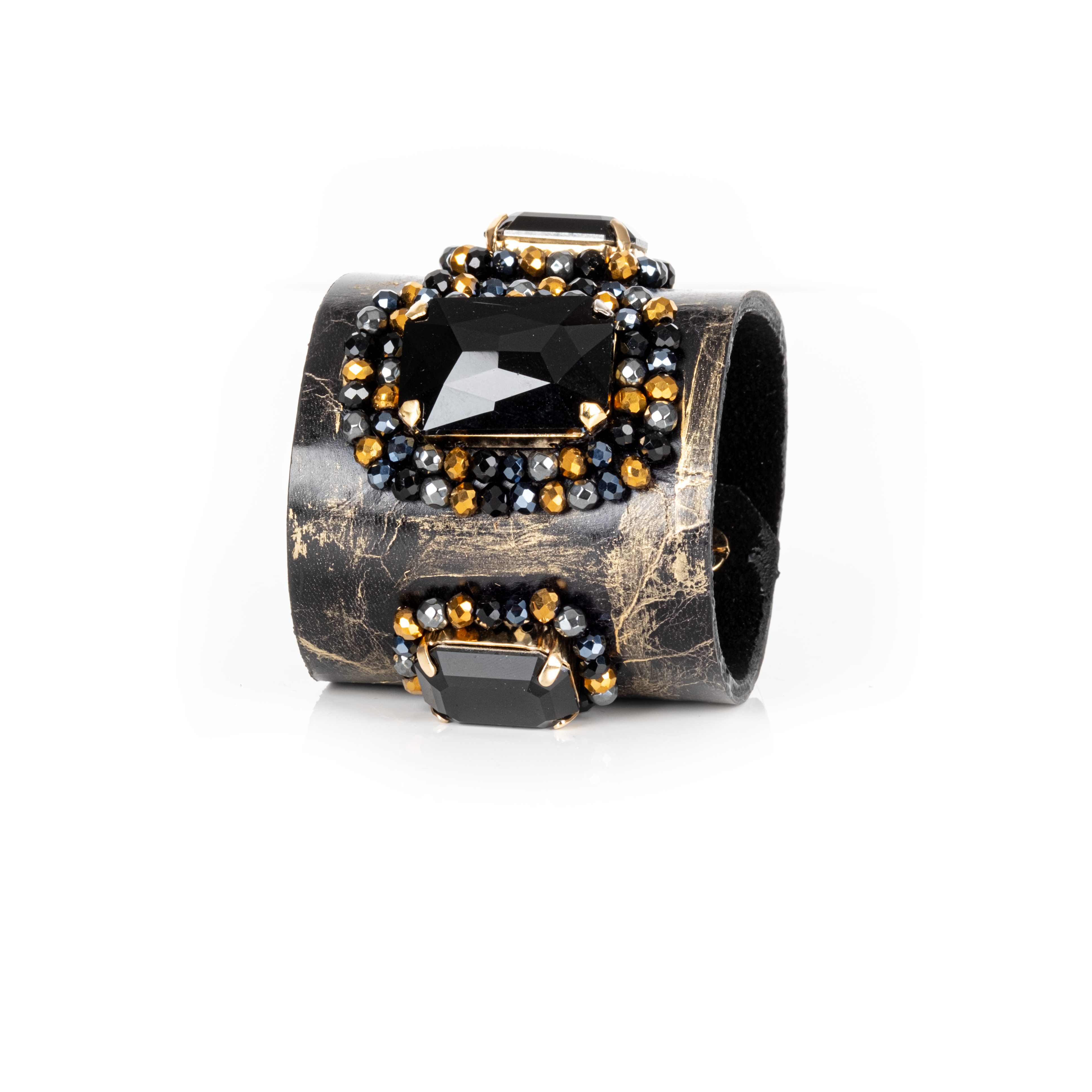 Black leather cuff bracelet with large black faceted crystal and gold bead embellishments, handmade statement bracelet by THE DARK