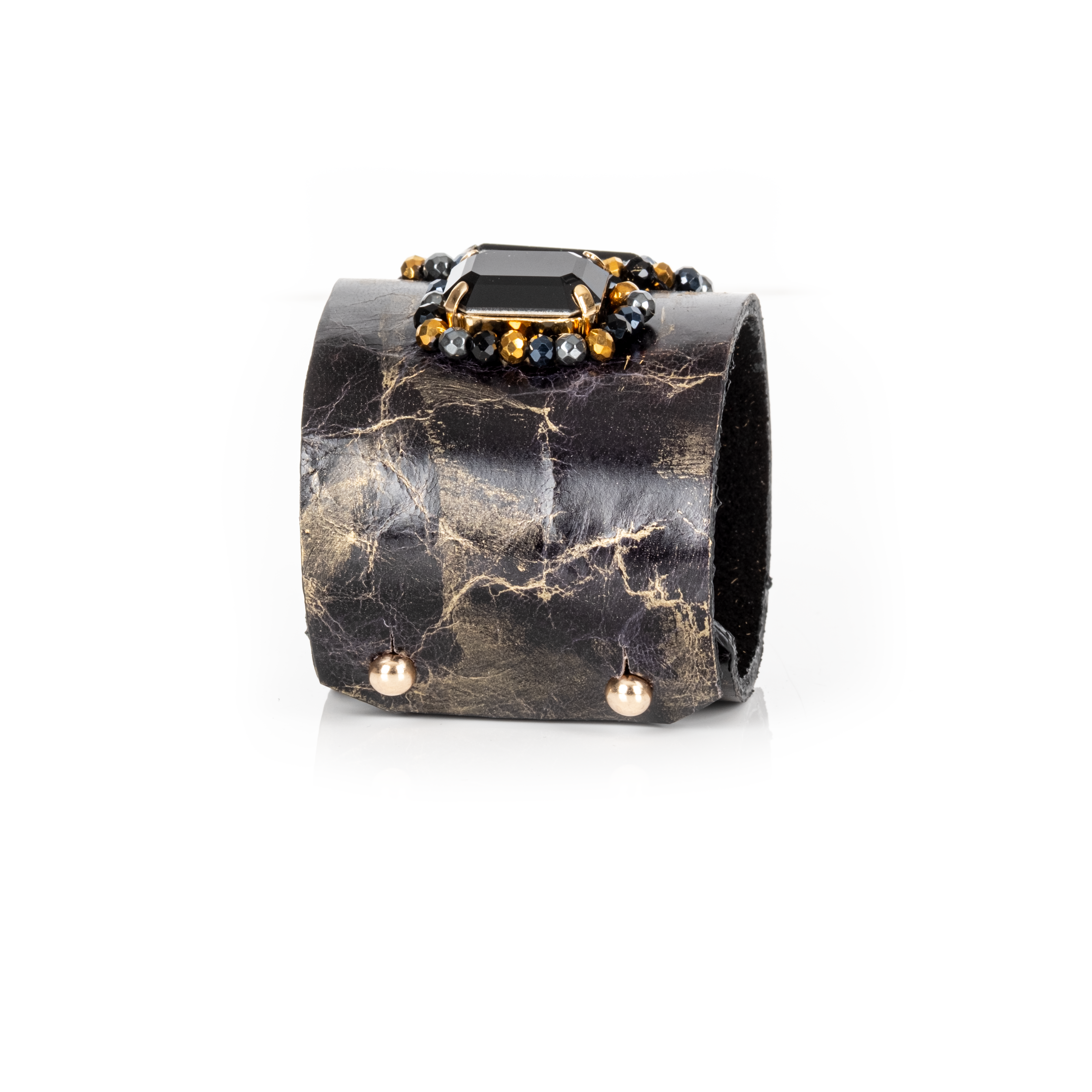 Black leather cuff bracelet with large black faceted crystal and gold bead embellishments, handmade statement bracelet by THE DARK