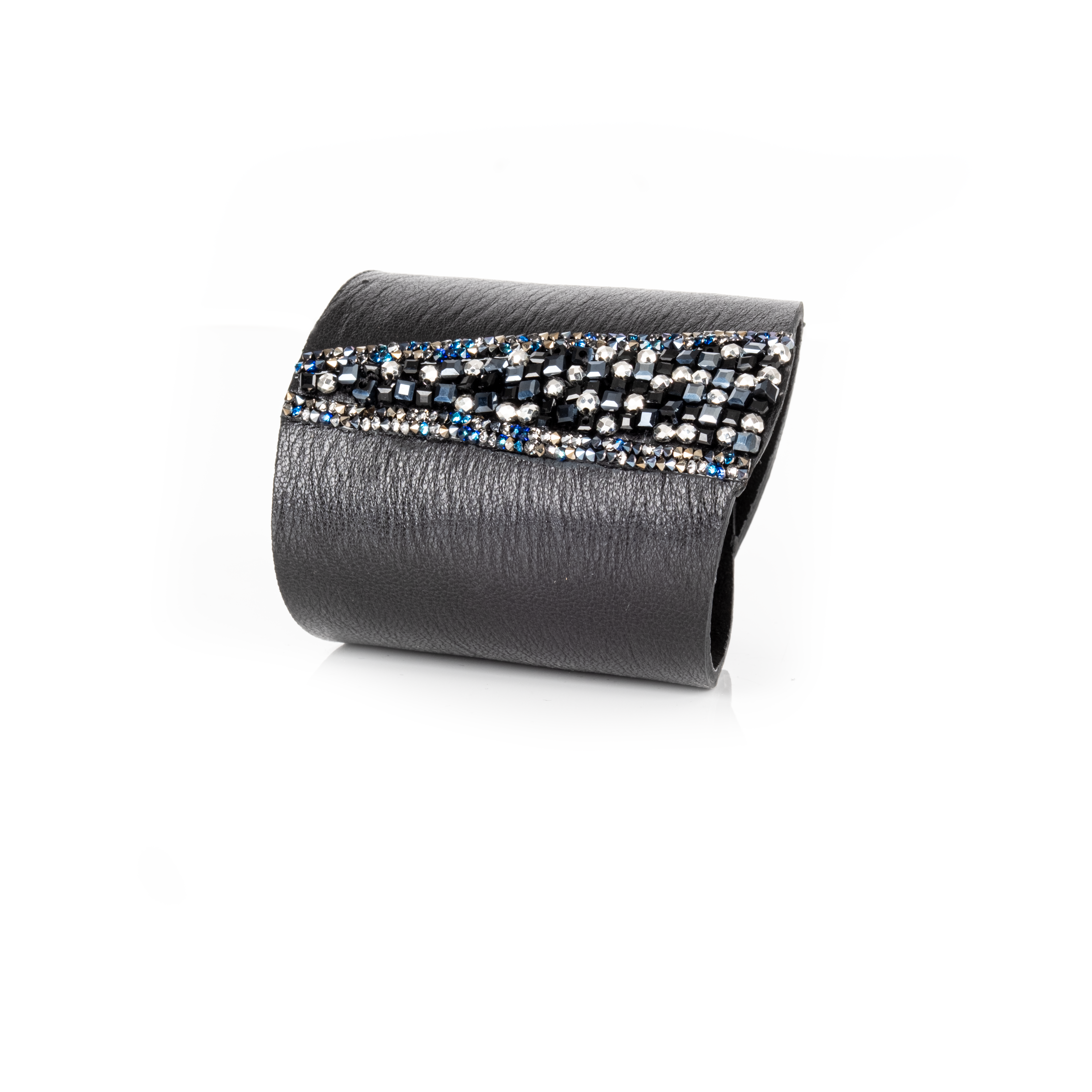 Black leather cuff bracelet with central stripe of black, silver, and blue crystals, handmade statement bracelet by THE DARK