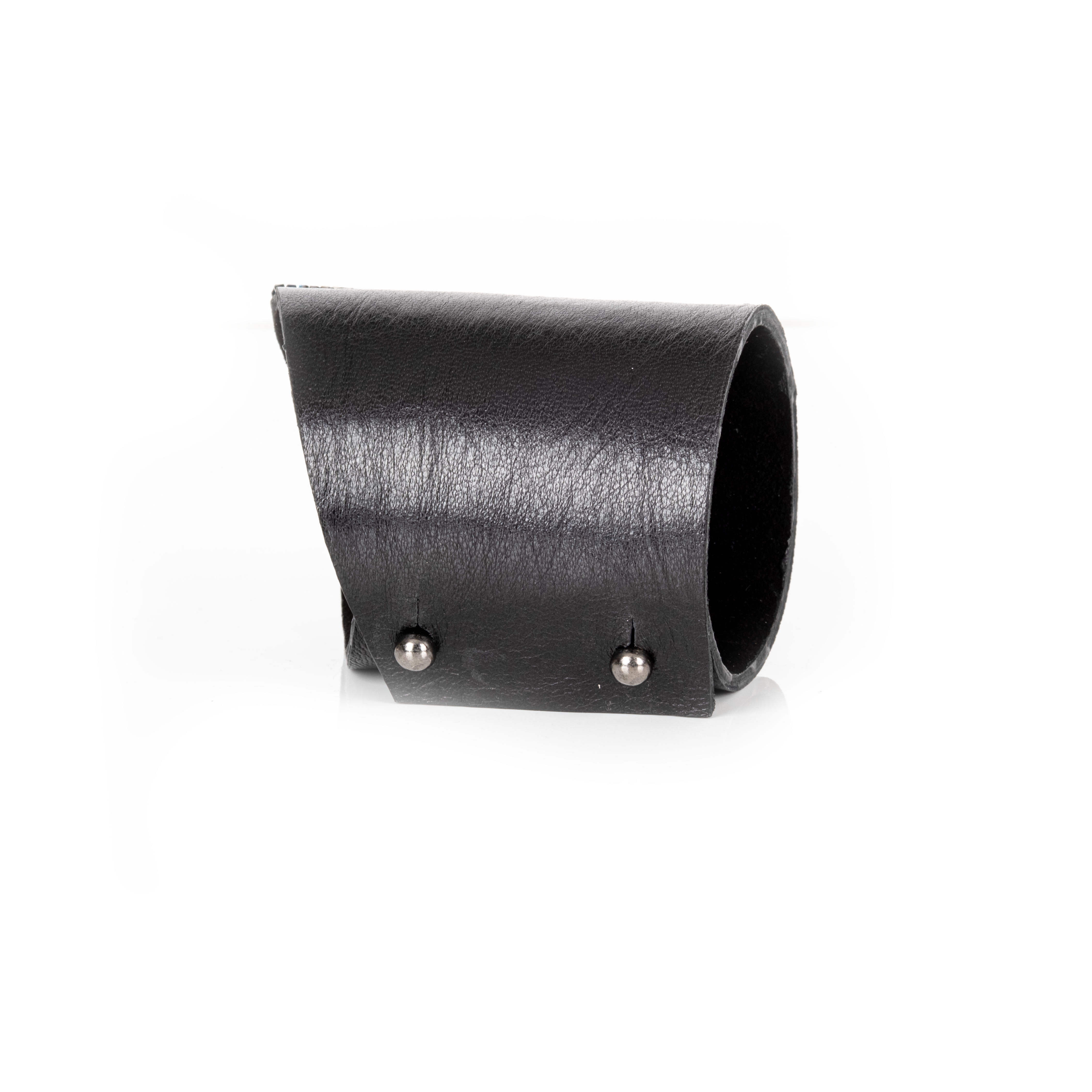 Black leather cuff bracelet with central stripe of black, silver, and blue crystals, handmade statement bracelet by THE DARK